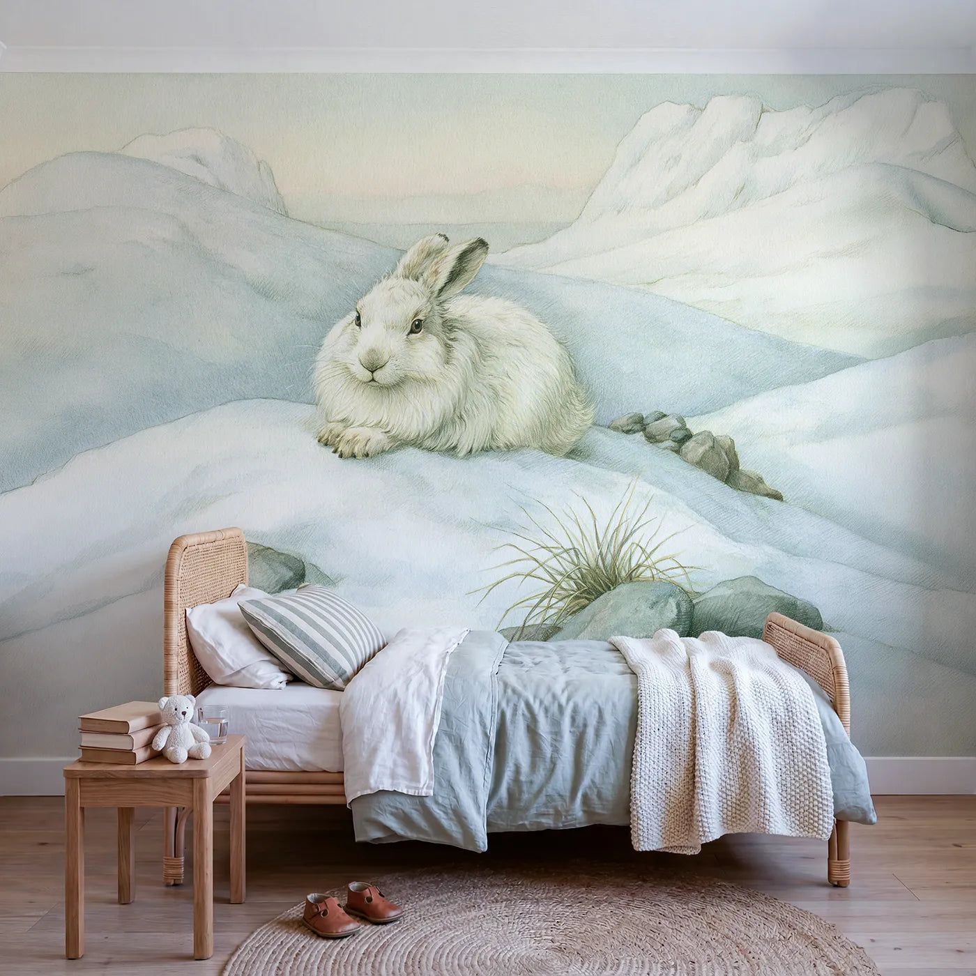 Mountain wall mural of a soft winter white hare by Whimsy Tots