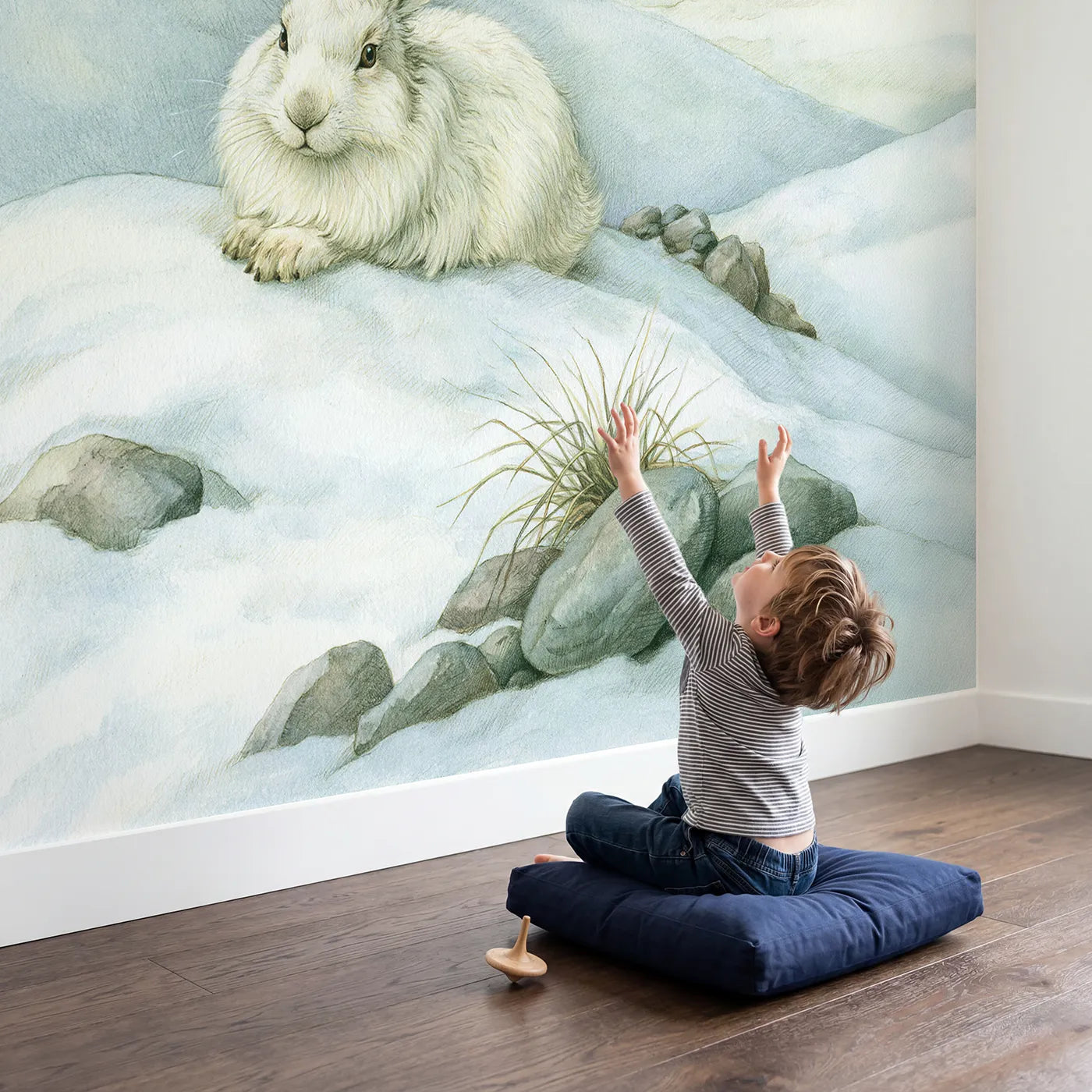 Child in nursery with Soft Mountain Hare Wallpaper Mural by Whimsy Tots