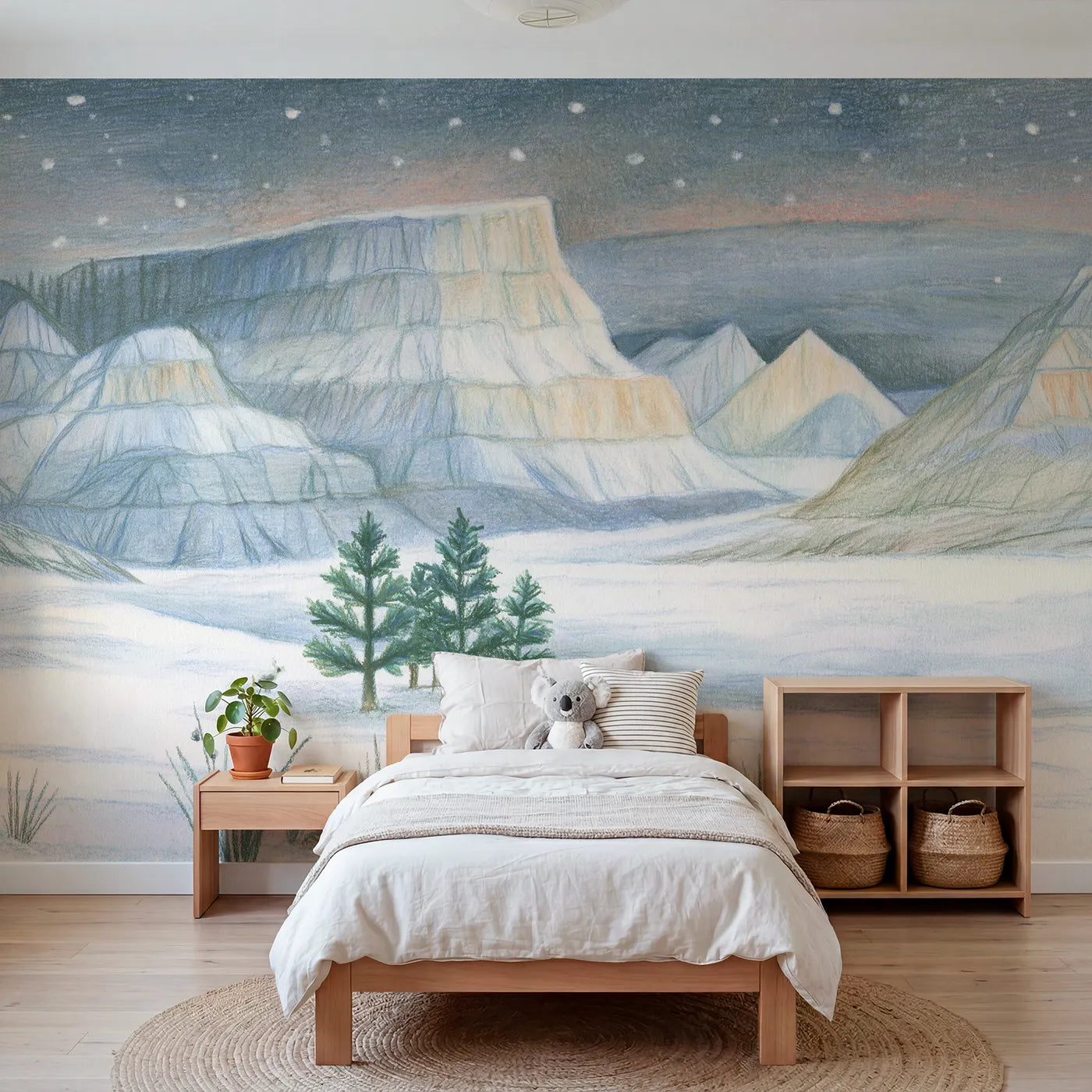 Colored-pencil wall mural of calm mountain peaks by Whimsy Tots