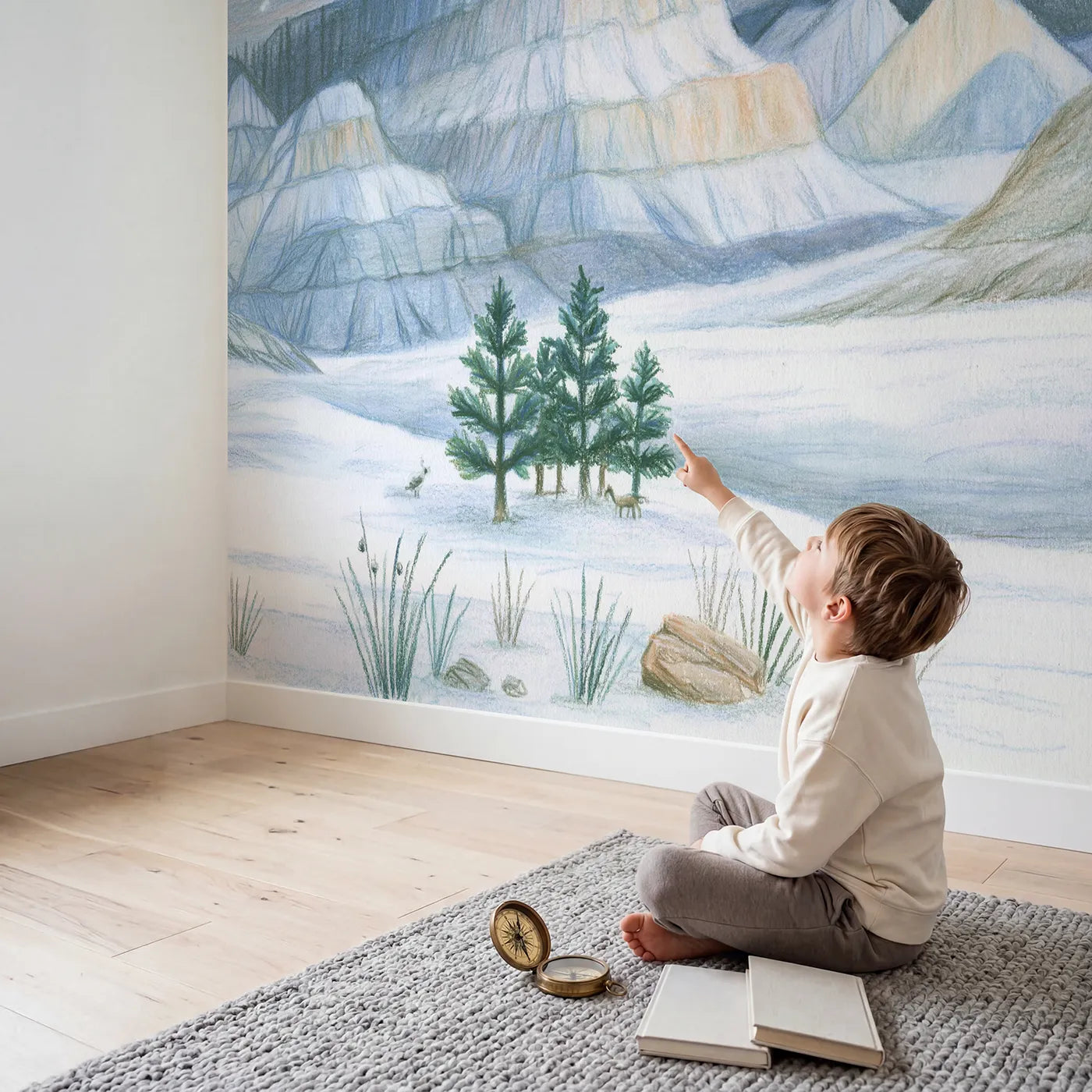 Child in nursery with Pencil Dawn Mesa Plateau Wallpaper Mural by Whimsy Tots
