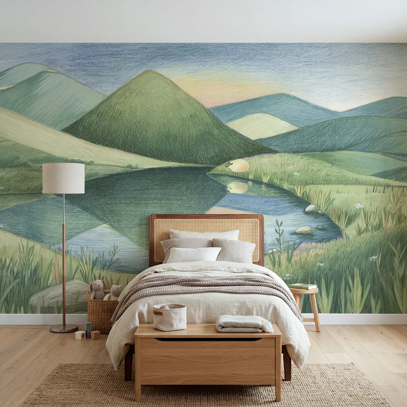 Colored-pencil wall mural of soft rolling hills by Whimsy Tots