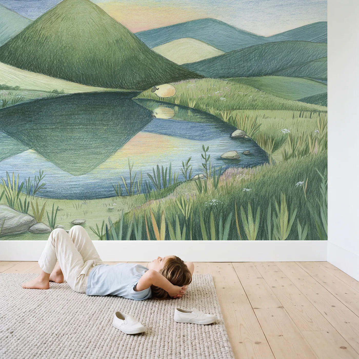 Child in nursery with Pencil Dusk Heather Moor Wallpaper Mural by Whimsy Tots