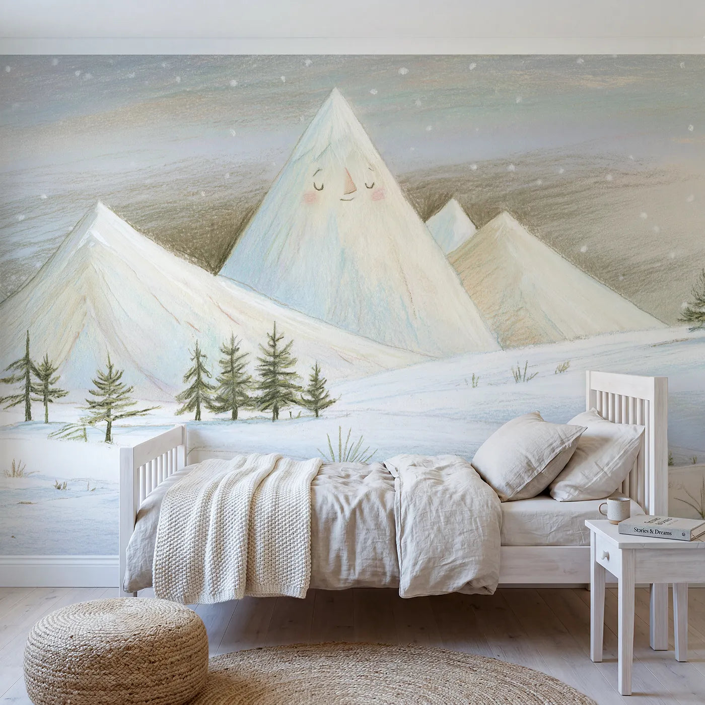 Colored-pencil wall mural of a reflective mountain lake by Whimsy Tots