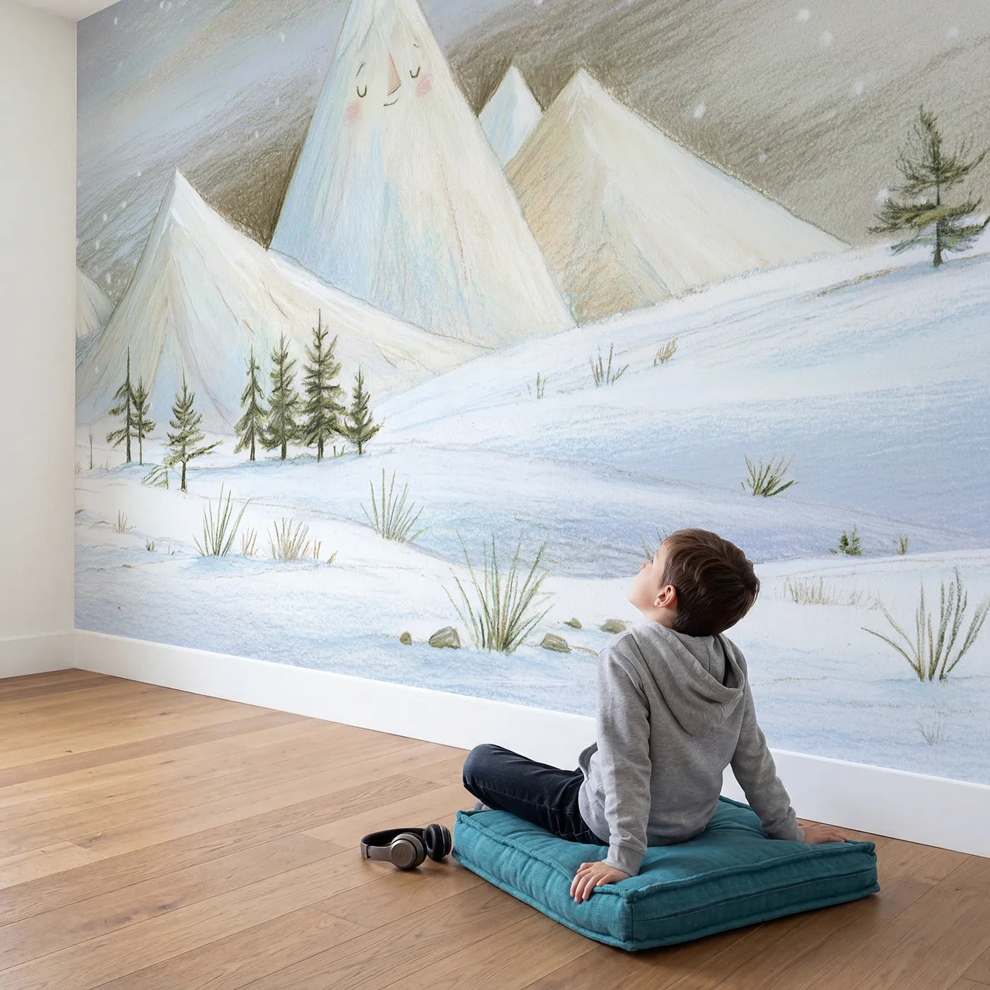 Child in nursery with Pencil Morning Volcano Hill Wallpaper Mural by Whimsy Tots