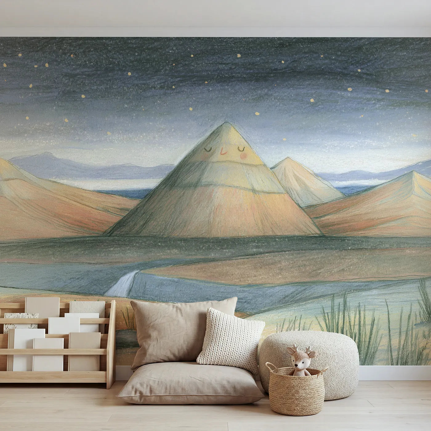 Colored-pencil wall mural of a serene soft valley by Whimsy Tots