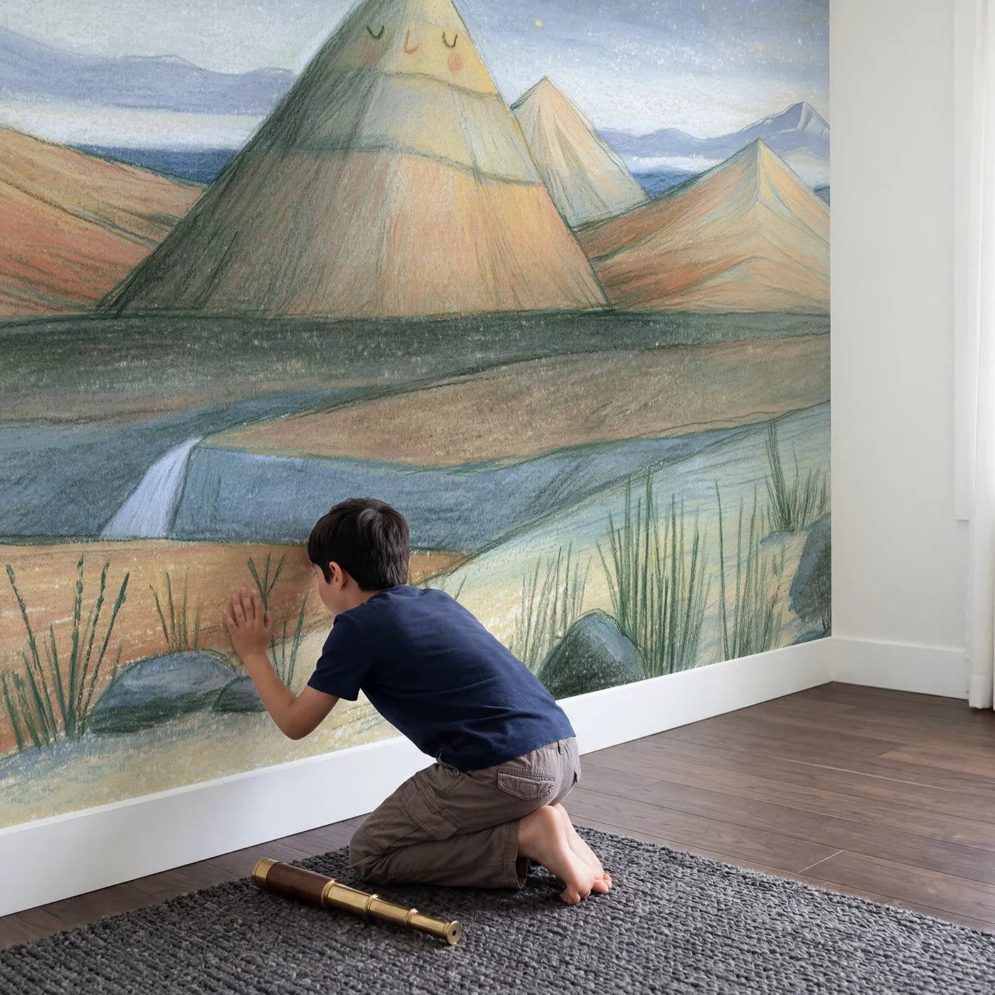 Child in nursery with Pencil Starlit Volcano Hill Wallpaper Mural by Whimsy Tots
