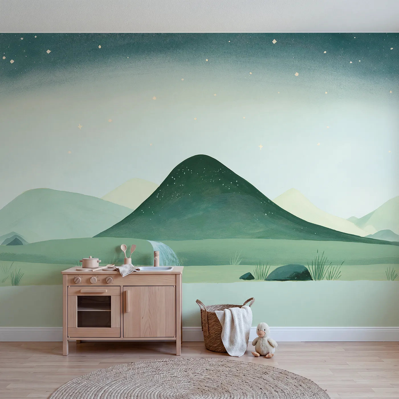 Folk gouache wall mural of a confident mountain form by Whimsy Tots