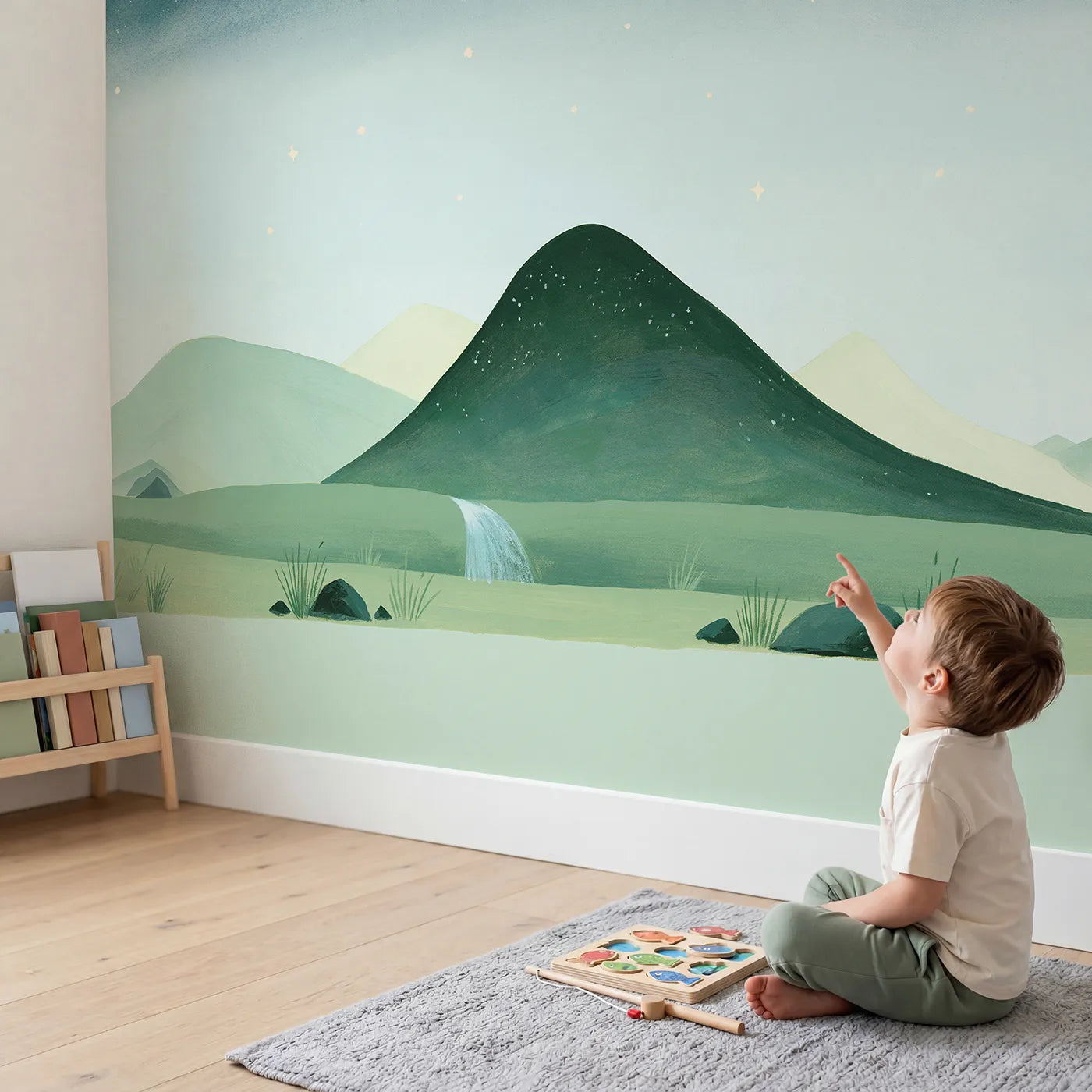 Child in nursery with Folk Starlit Heather Moor Wallpaper Mural by Whimsy Tots