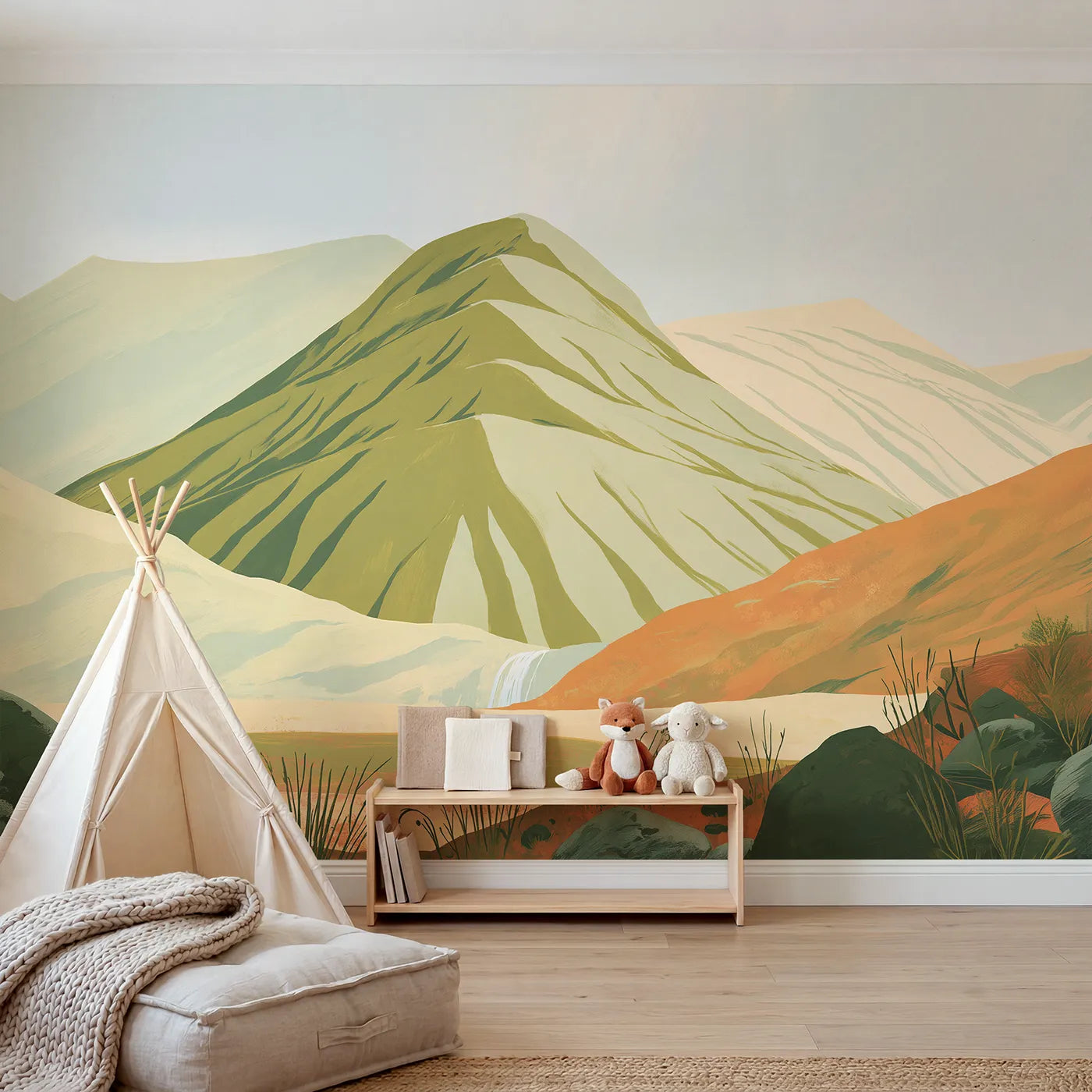 Folk gouache wall mural of a lake and hills scene by Whimsy Tots