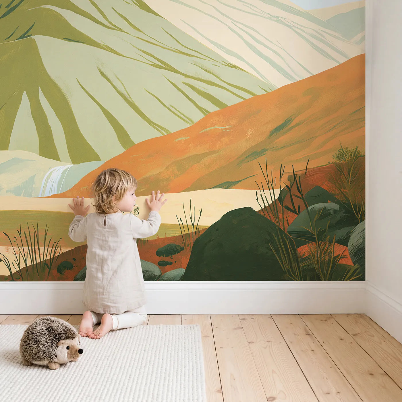 Child in nursery with Folk Morning Terraced Hills Wallpaper Mural by Whimsy Tots