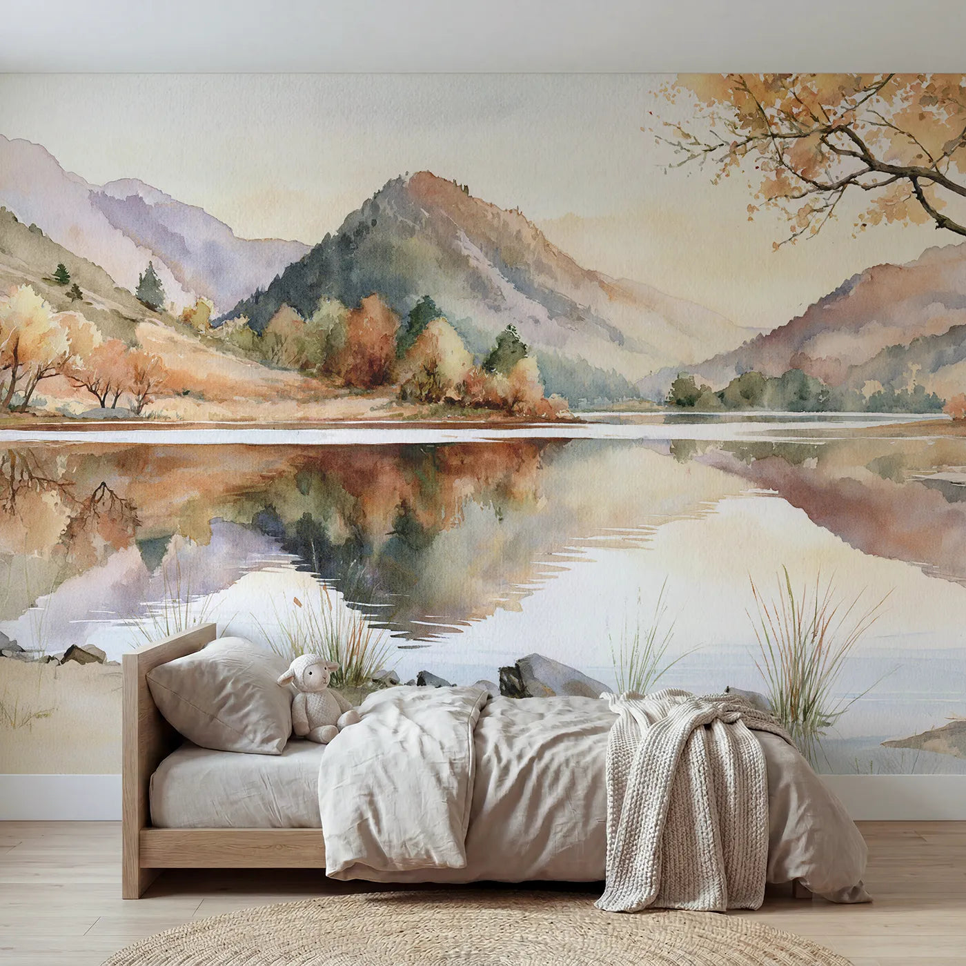 Watercolor wall mural of a layered highland valley by Whimsy Tots