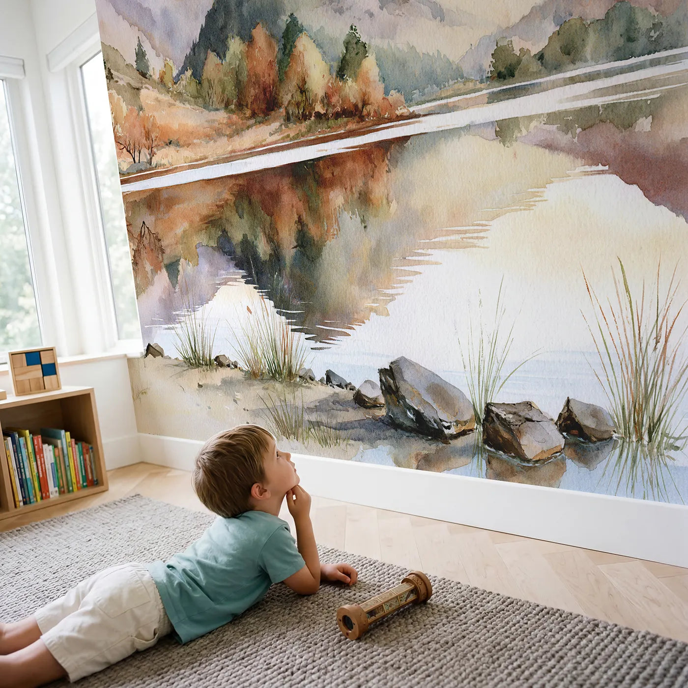 Child in nursery with Midday Wooded Ridges Lake Wallpaper Mural by Whimsy Tots