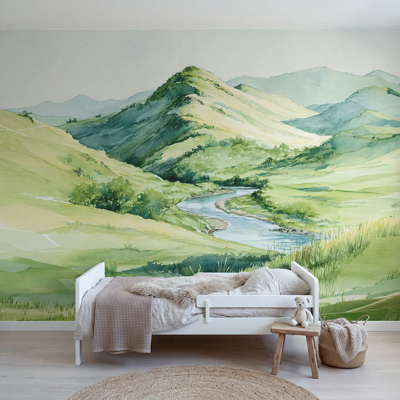 Watercolor wall mural of a layered snowy range by Whimsy Tots