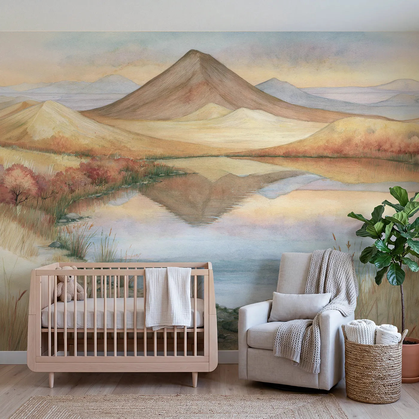 Storybook wall mural of a sleepy evening mountain scene by Whimsy Tots