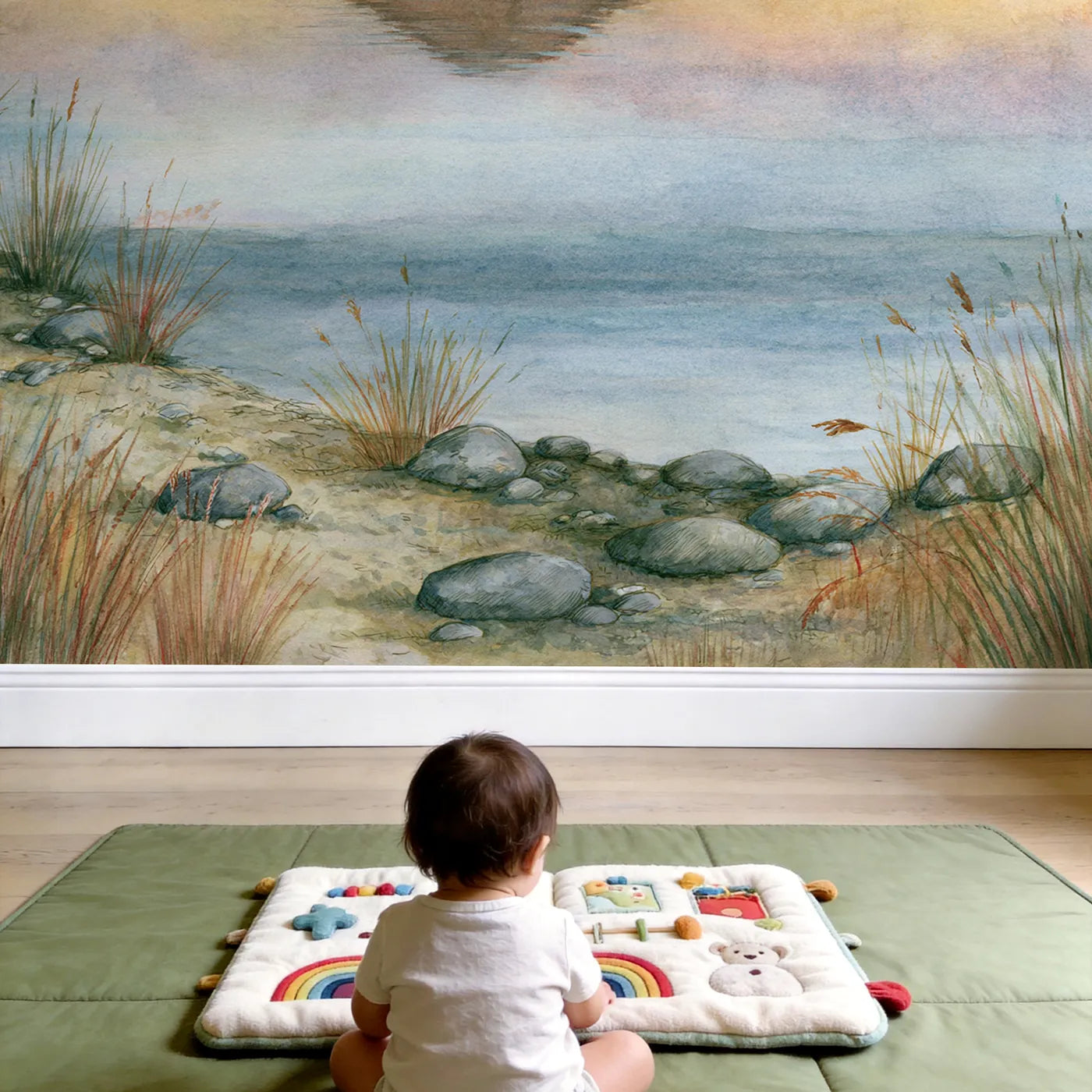Child in nursery with Dusk Volcano Hill Lake Wallpaper Mural by Whimsy Tots