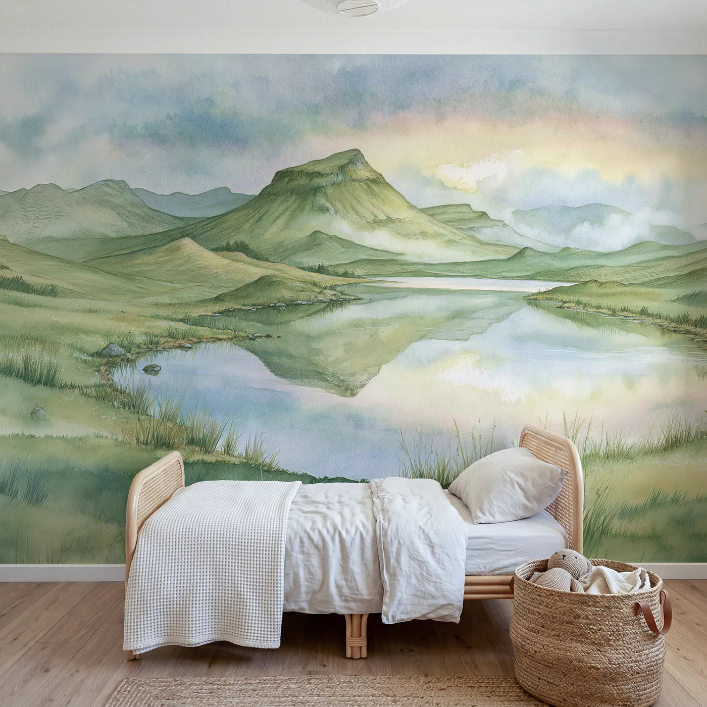 Storybook wall mural of a warm-lit home in a valley by Whimsy Tots