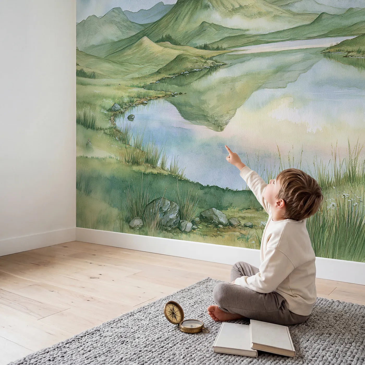 Child in nursery with Dawn Mesa Plateau Lake Wallpaper Mural by Whimsy Tots