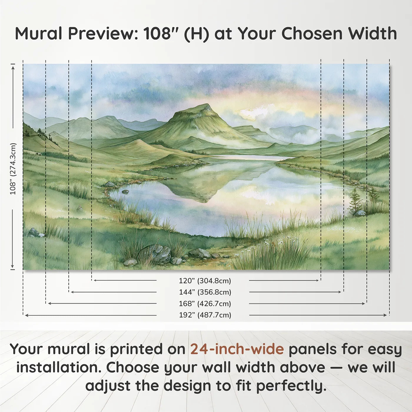 Panel layout and dimensions for Dawn Mesa Plateau Lake Wallpaper Mural by Whimsy Tots
