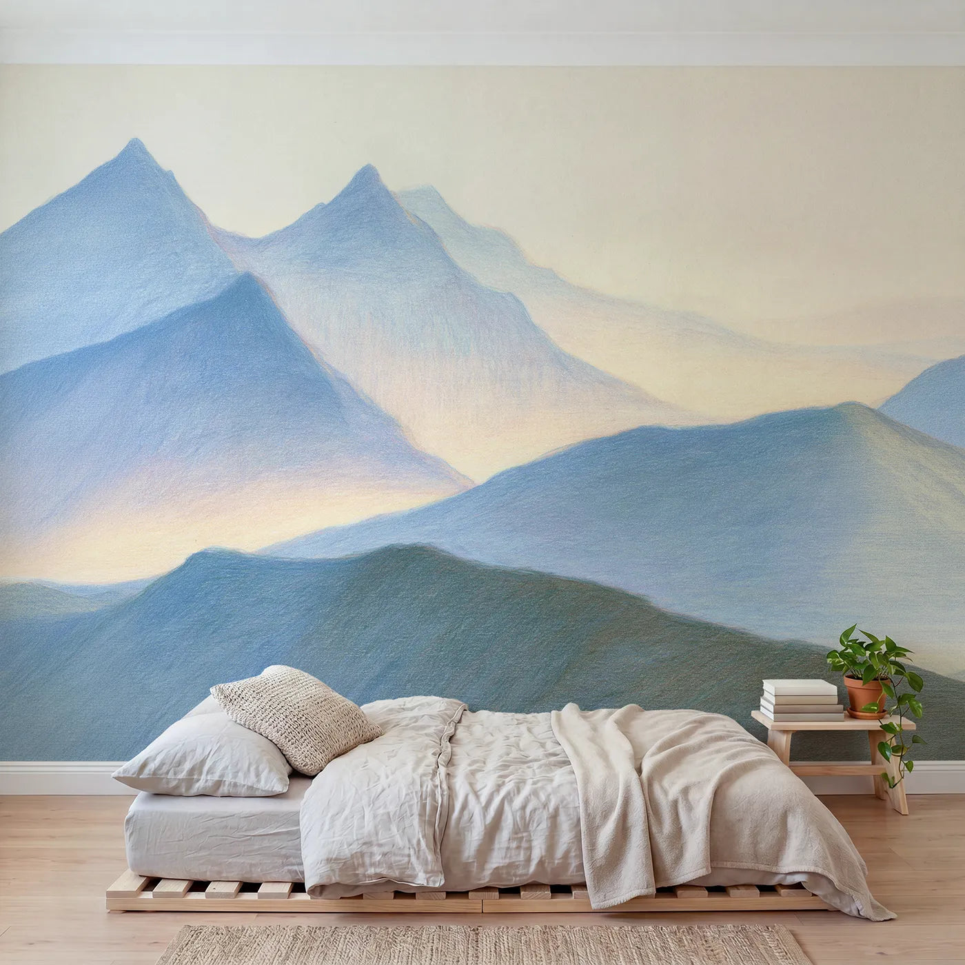 Colored-pencil wall mural of peaks in dawn mist by Whimsy Tots