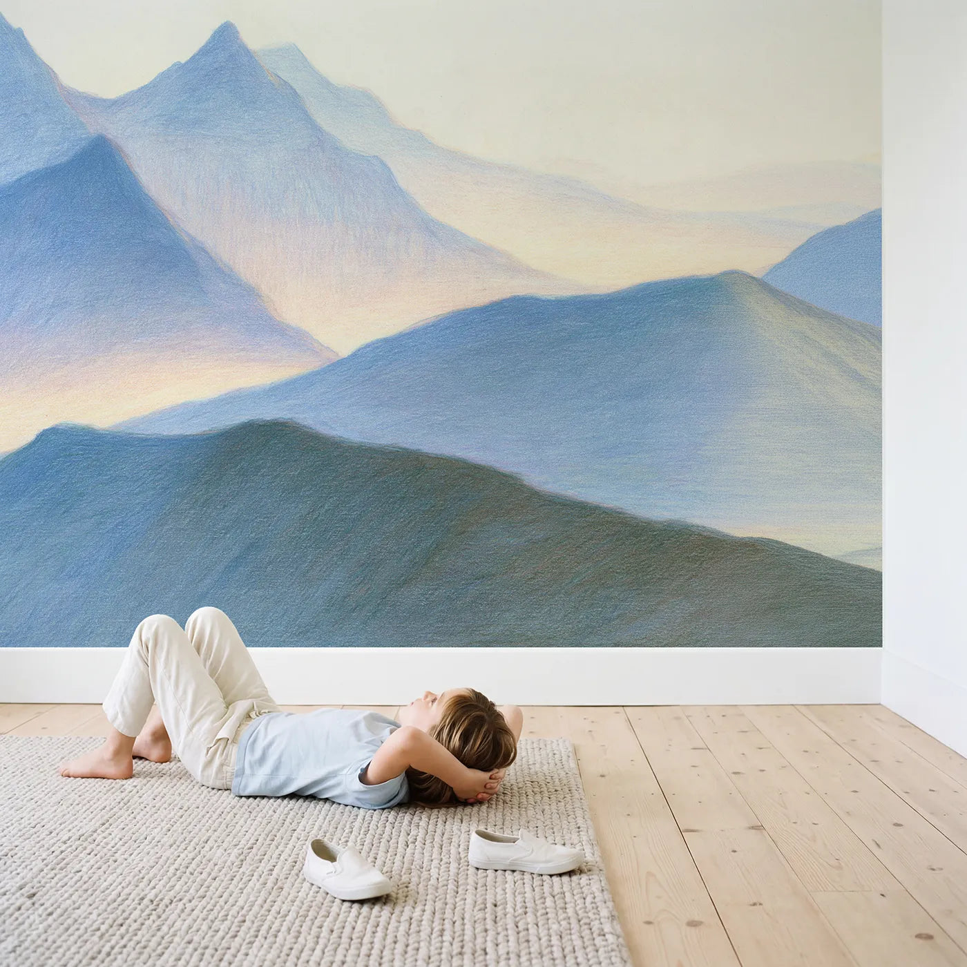 Child in nursery with Misty Peaks at Dawn Wallpaper Mural by Whimsy Tots