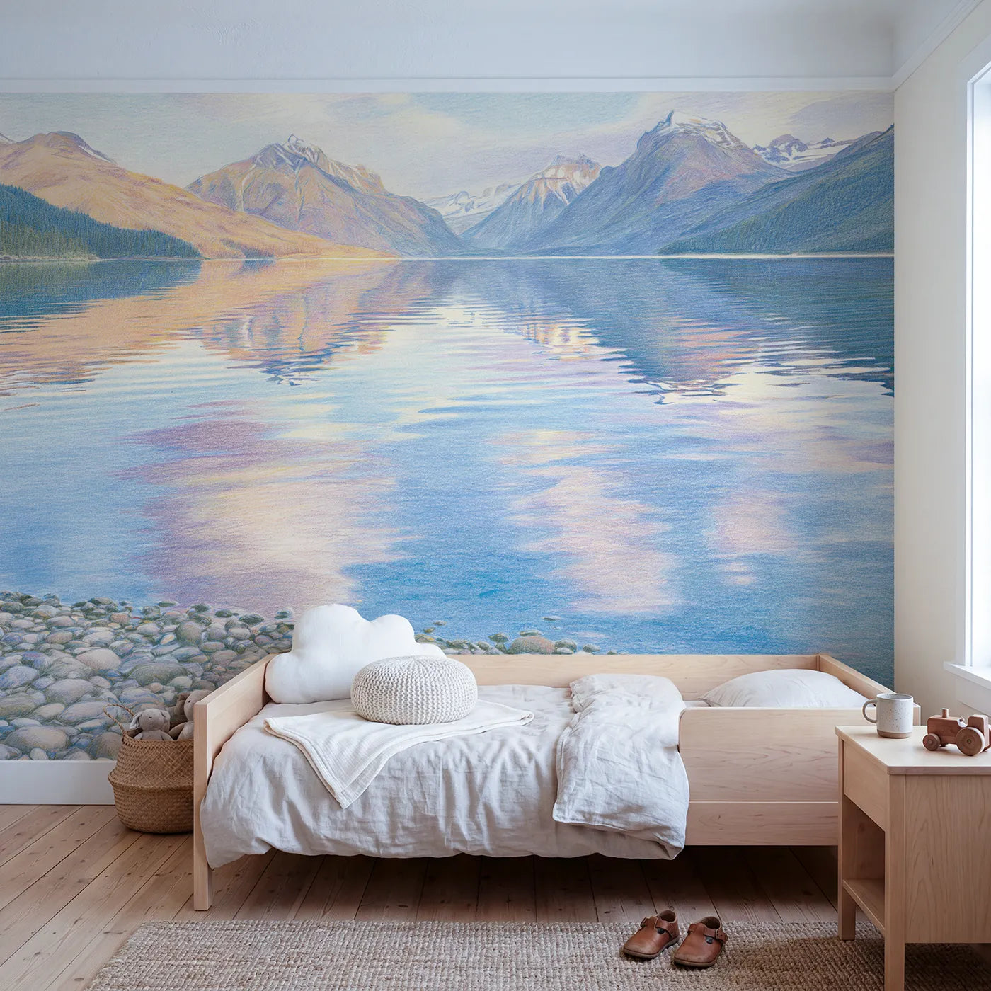 Colored-pencil wall mural of a mirroring alpine lake by Whimsy Tots