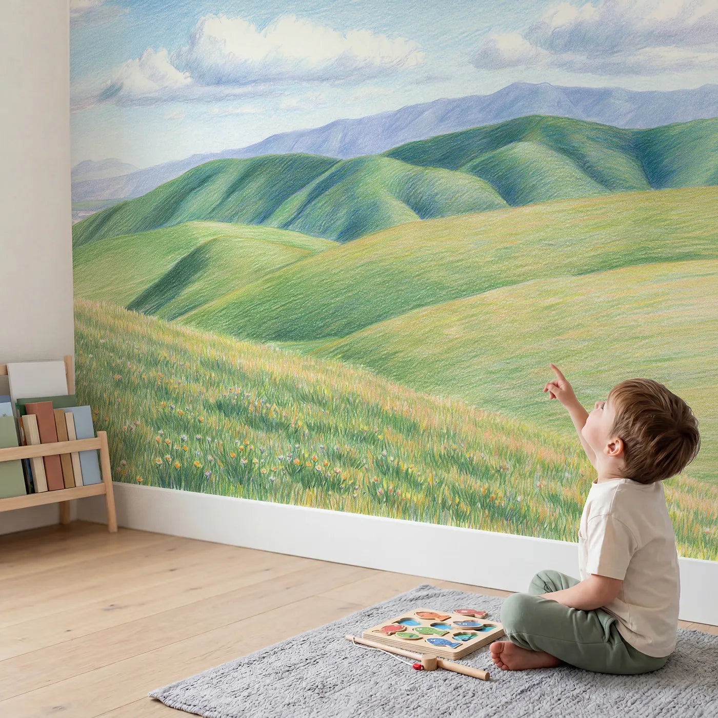 Child in nursery with Rolling Green Foothills Wallpaper Mural by Whimsy Tots