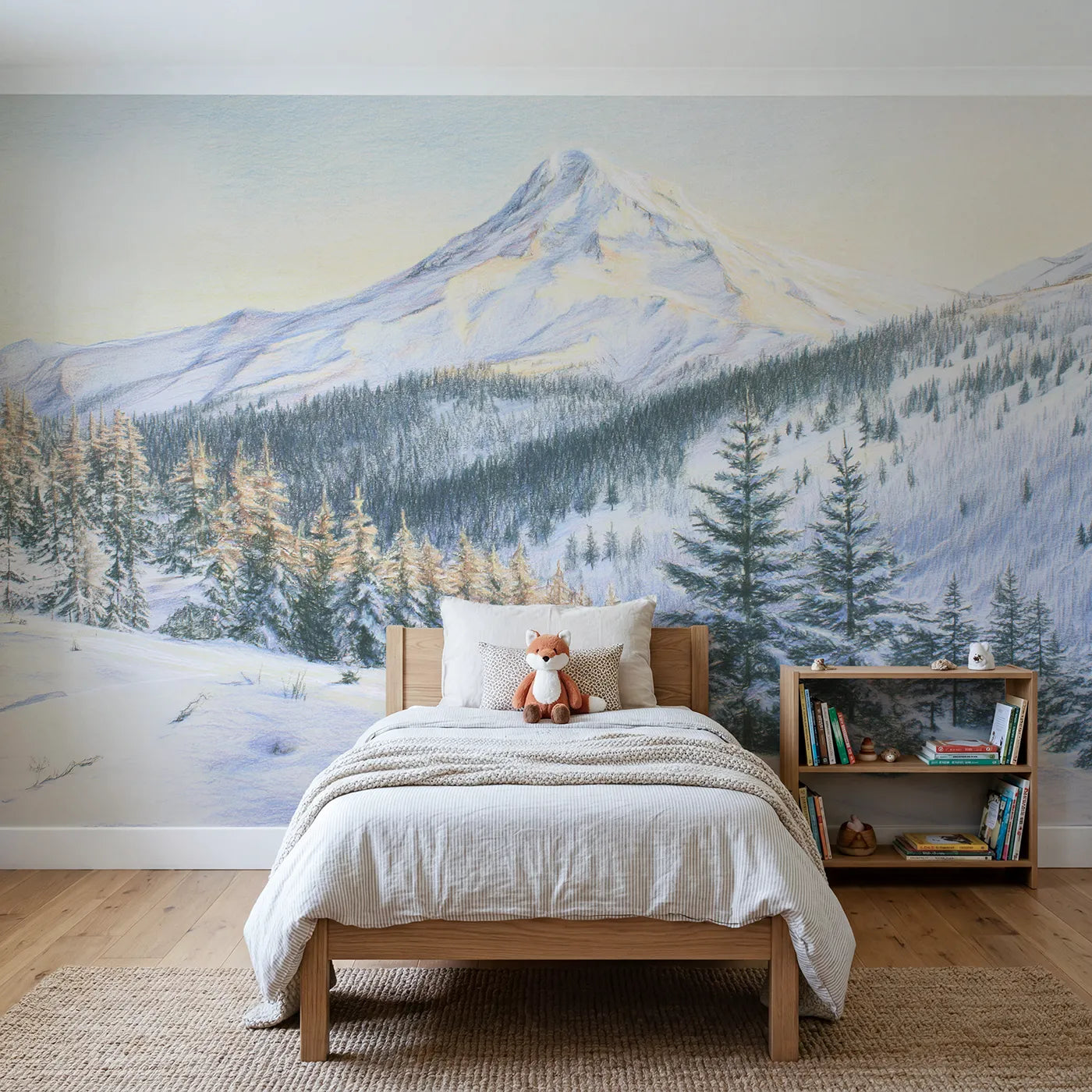 Colored-pencil wall mural of a snow-capped summit by Whimsy Tots