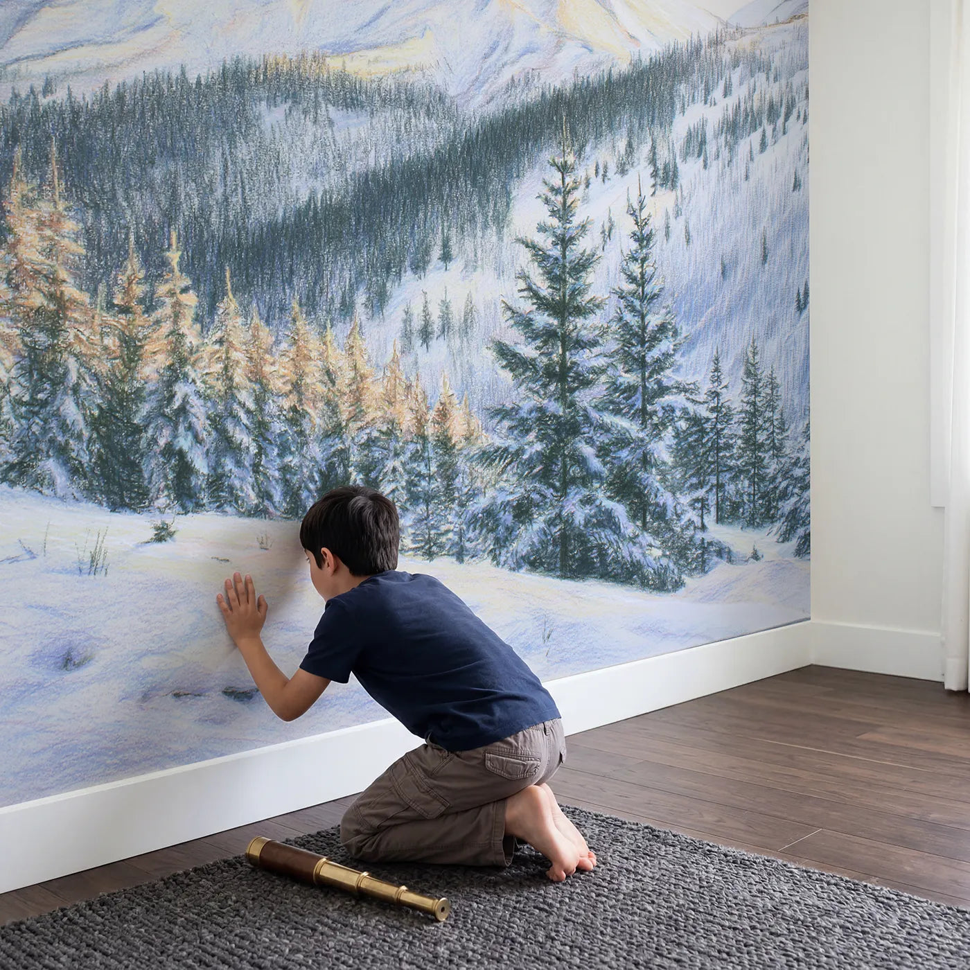 Child in nursery with Snow-Capped Summit Wallpaper Mural by Whimsy Tots