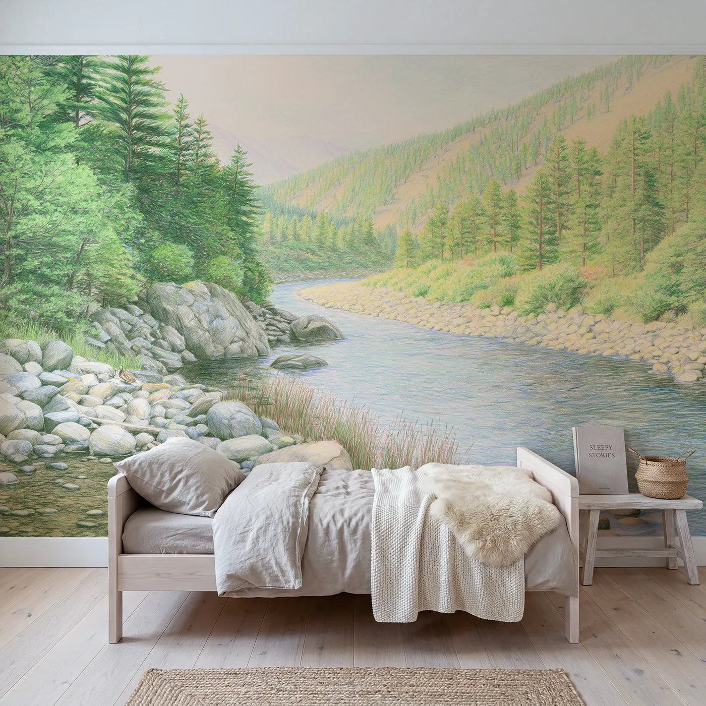 Colored-pencil wall mural of a river through pine valley by Whimsy Tots