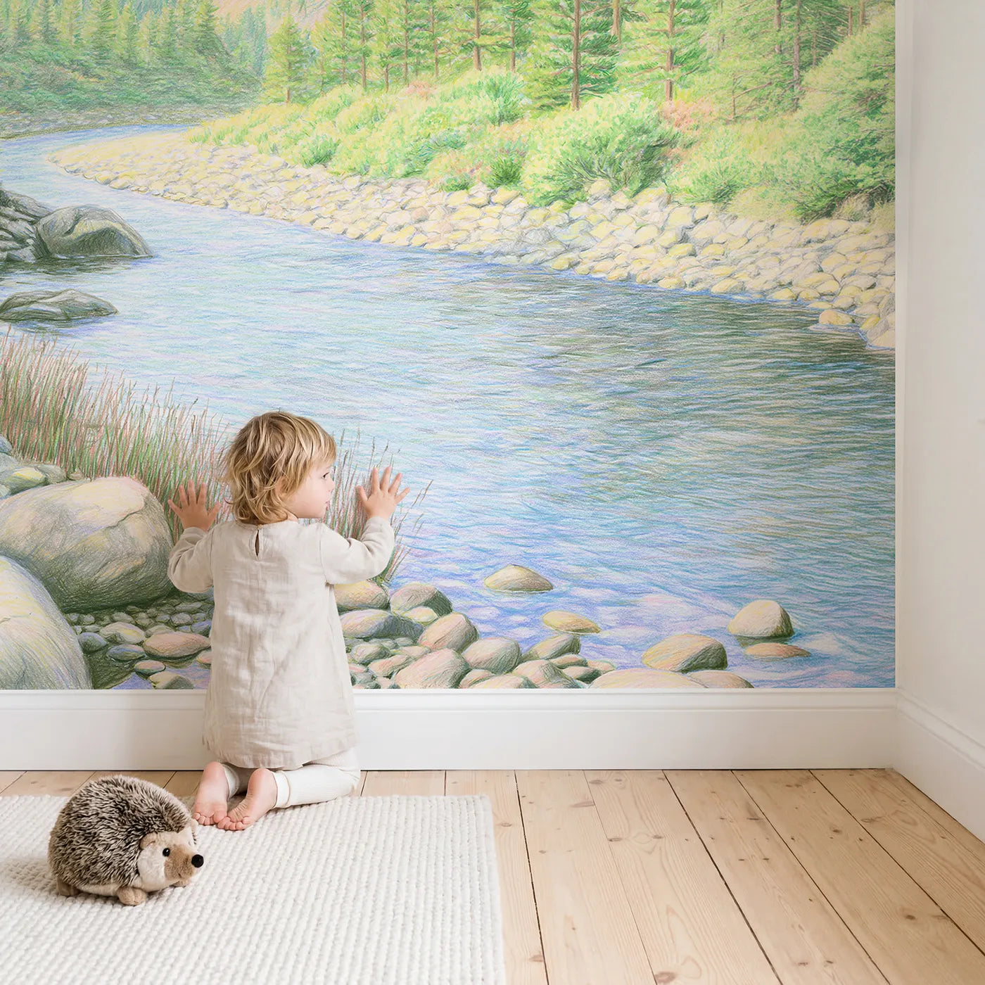 Child in nursery with Pine Valley River Wallpaper Mural by Whimsy Tots