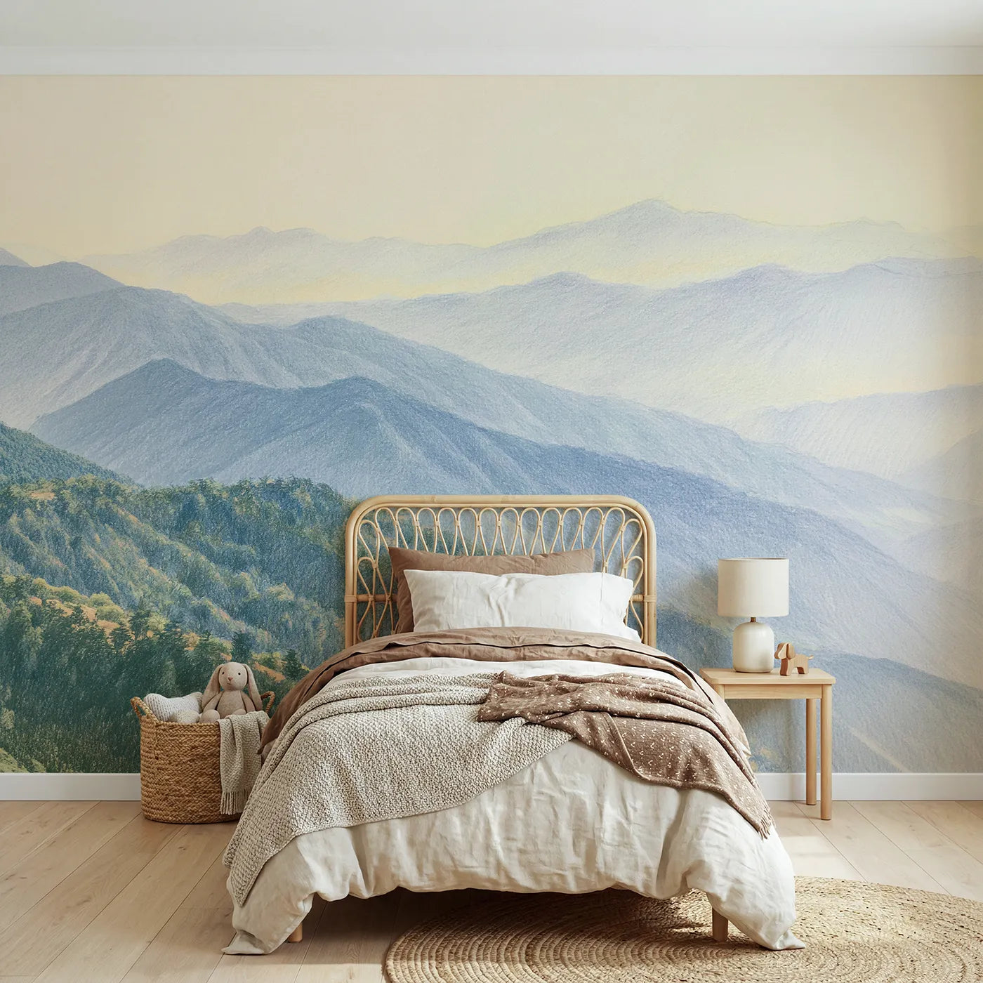 Colored-pencil wall mural of layered blue ridges by Whimsy Tots