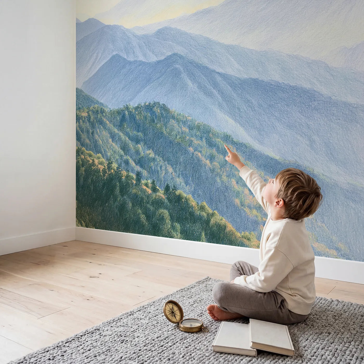 Child in nursery with Blue Ridge Layers Wallpaper Mural by Whimsy Tots