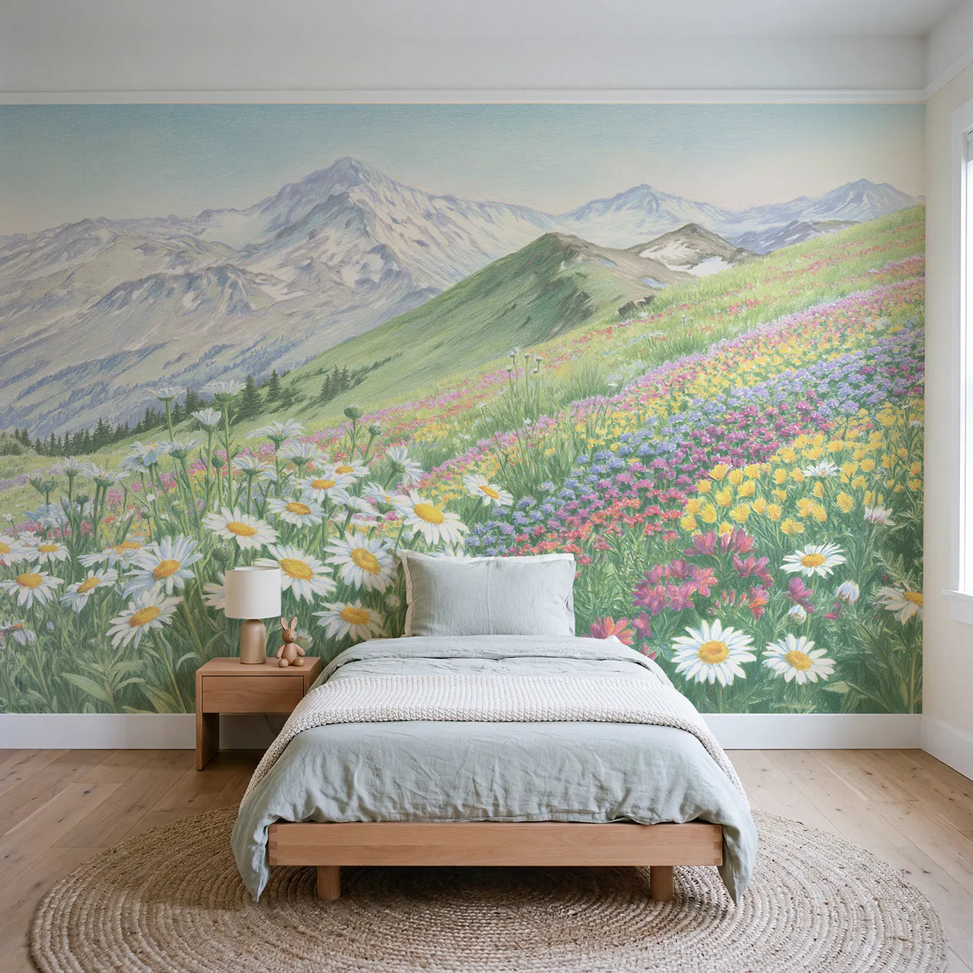 Colored-pencil wall mural of a wildflower meadow below peaks by Whimsy Tots
