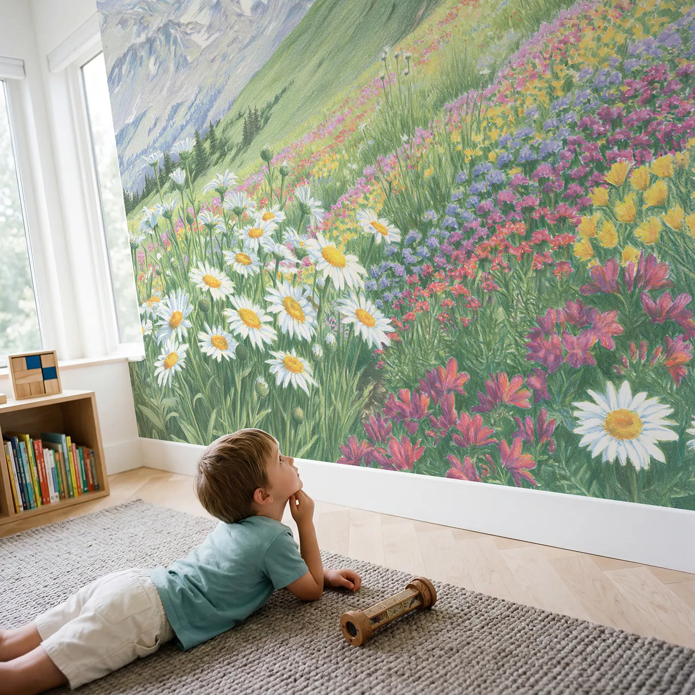 Child in nursery with Alpine Wildflower Meadow Wallpaper Mural by Whimsy Tots