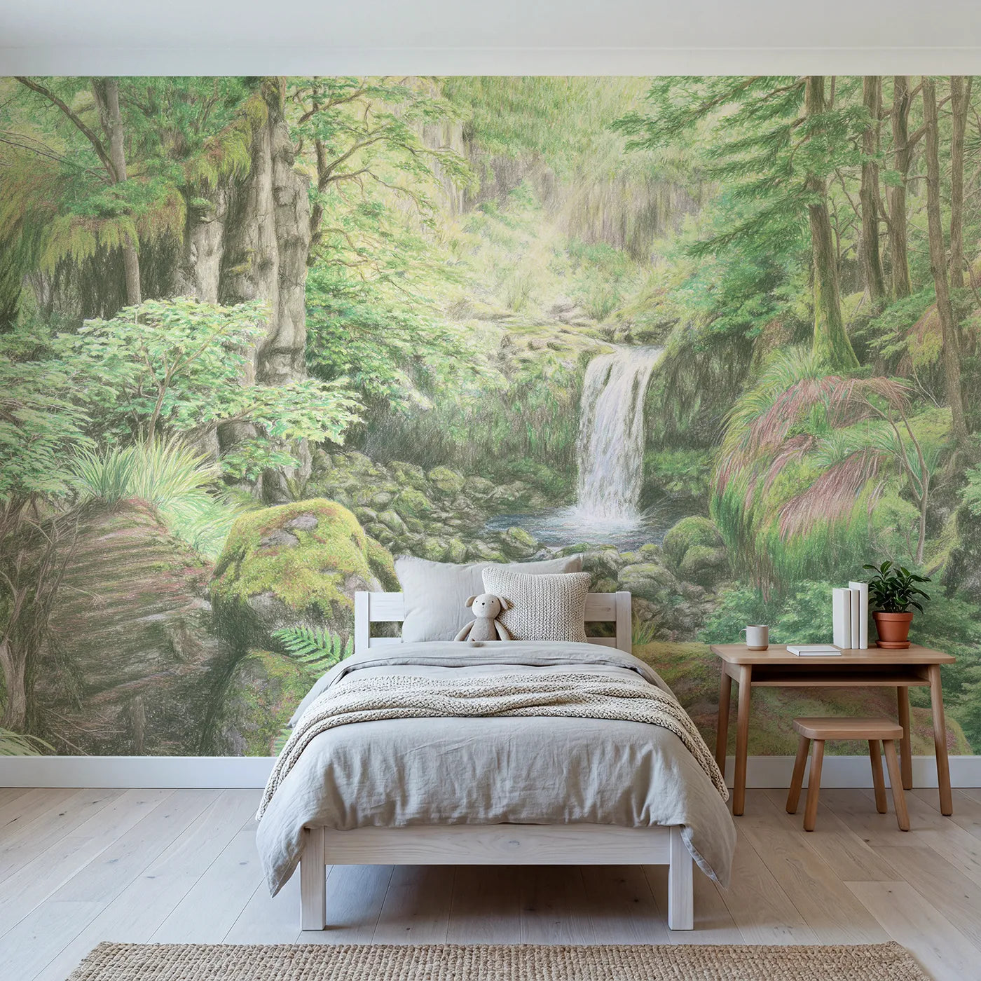 Colored-pencil wall mural of a waterfall in a green gorge by Whimsy Tots