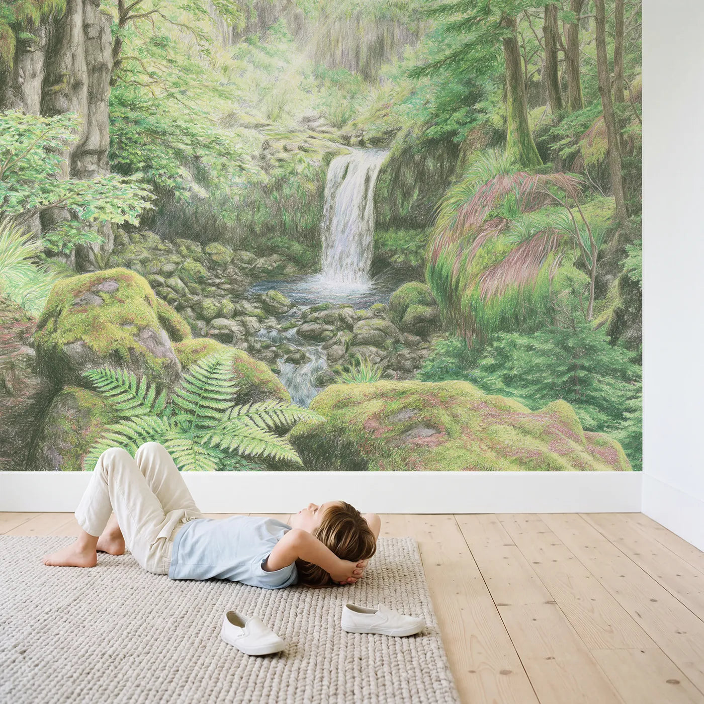 Child in nursery with Forest Waterfall Wallpaper Mural by Whimsy Tots