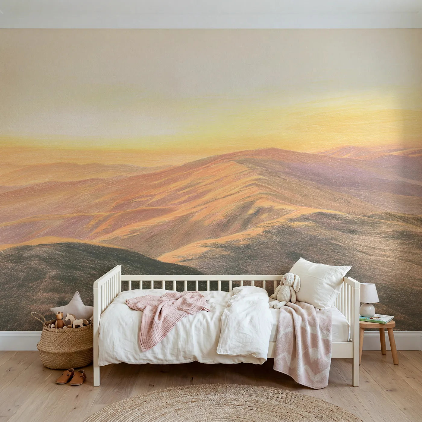 Colored-pencil wall mural of a golden sunset ridge by Whimsy Tots