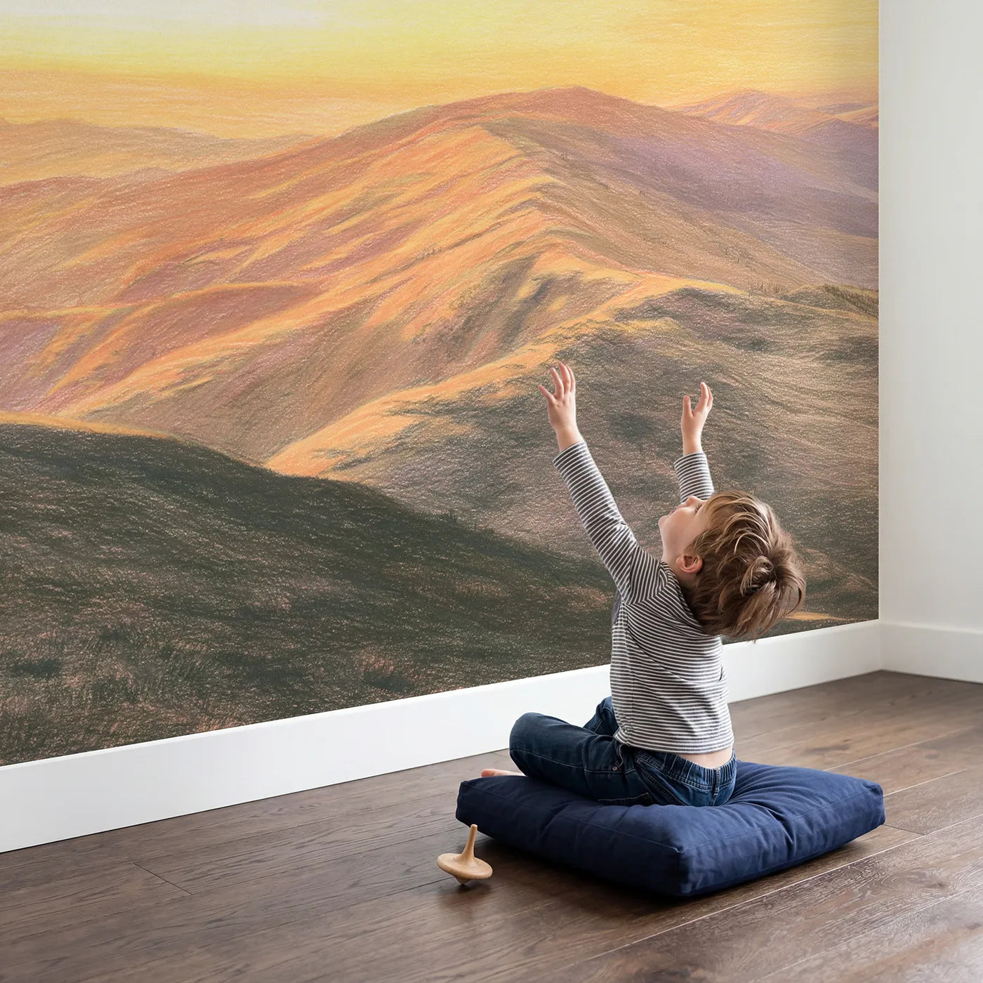 Child in nursery with Golden Sunset Ridge Wallpaper Mural by Whimsy Tots