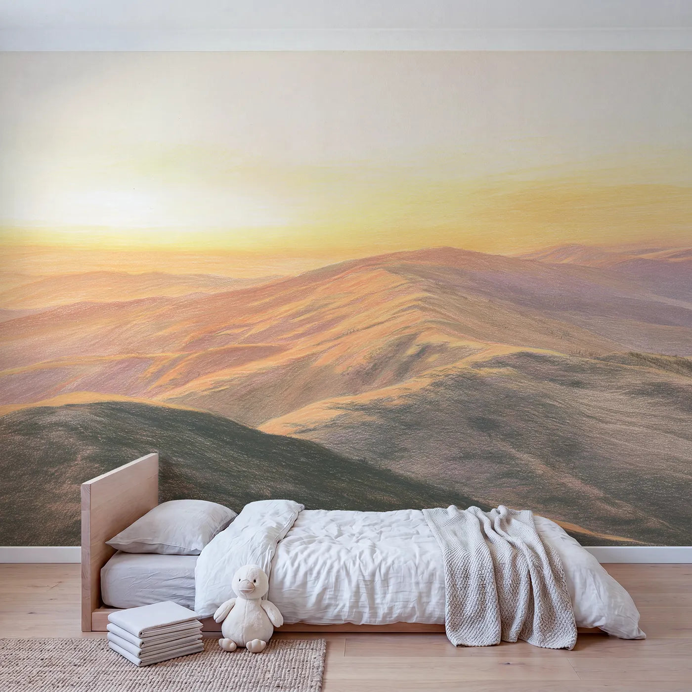 Golden Sunset Ridge Wallpaper Mural in playroom setting by Whimsy Tots