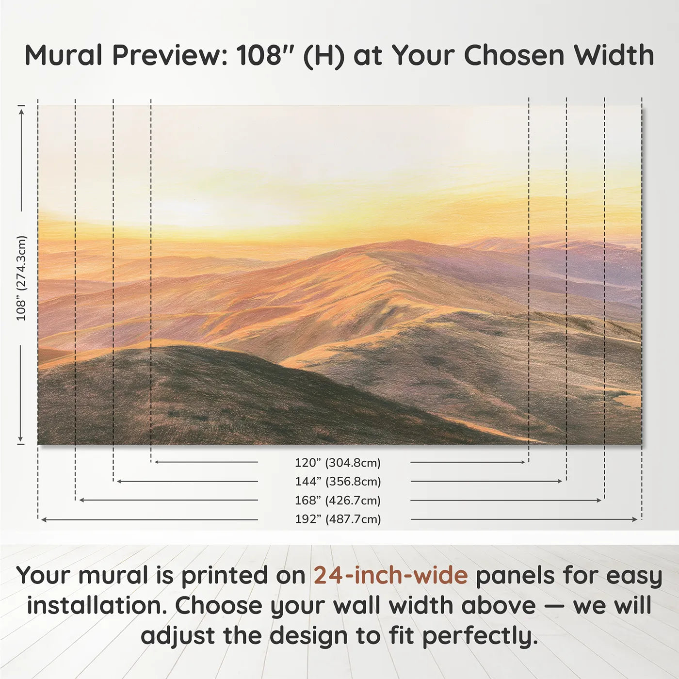 Panel layout and dimensions for Golden Sunset Ridge Wallpaper Mural by Whimsy Tots