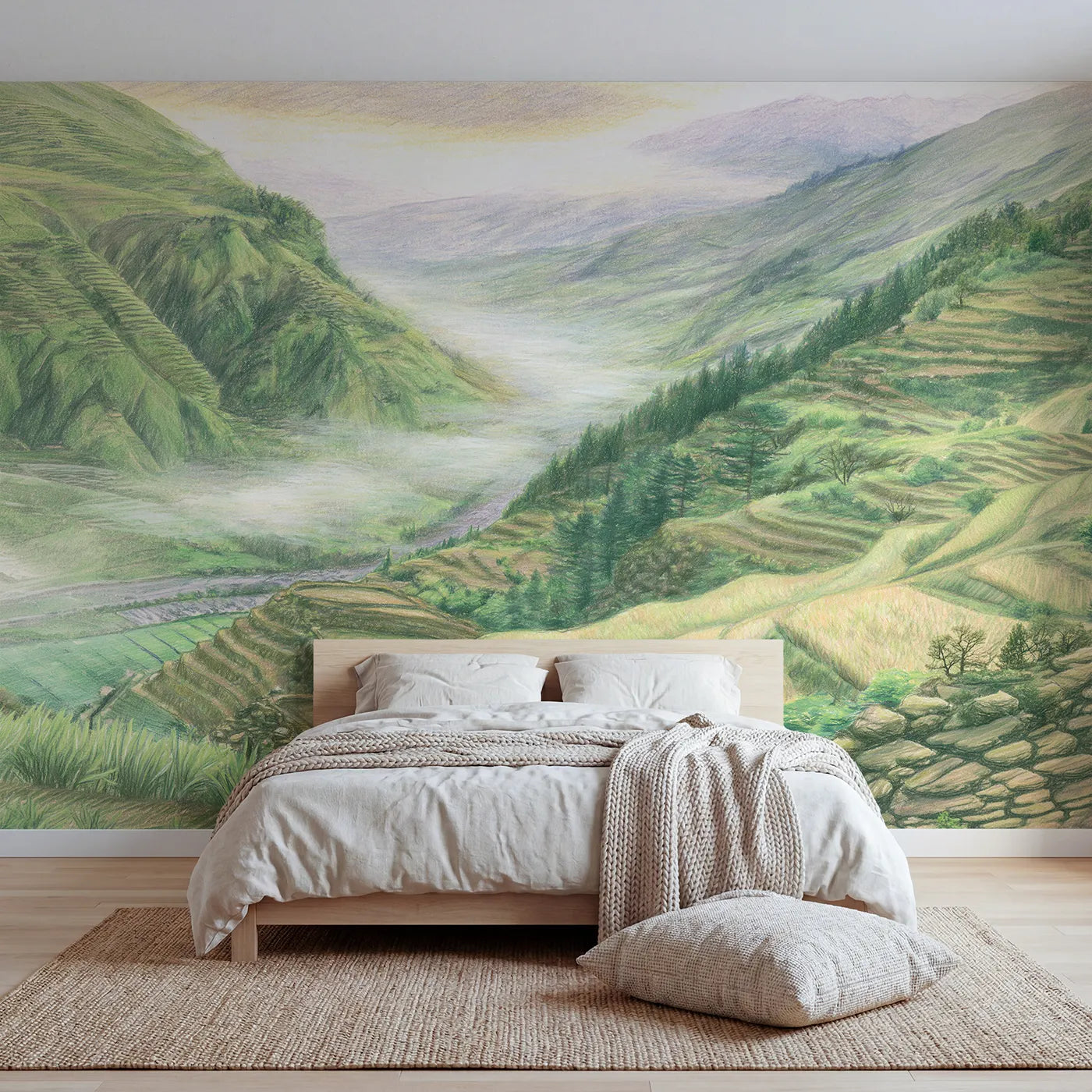 Colored-pencil wall mural of a foggy terraced valley by Whimsy Tots