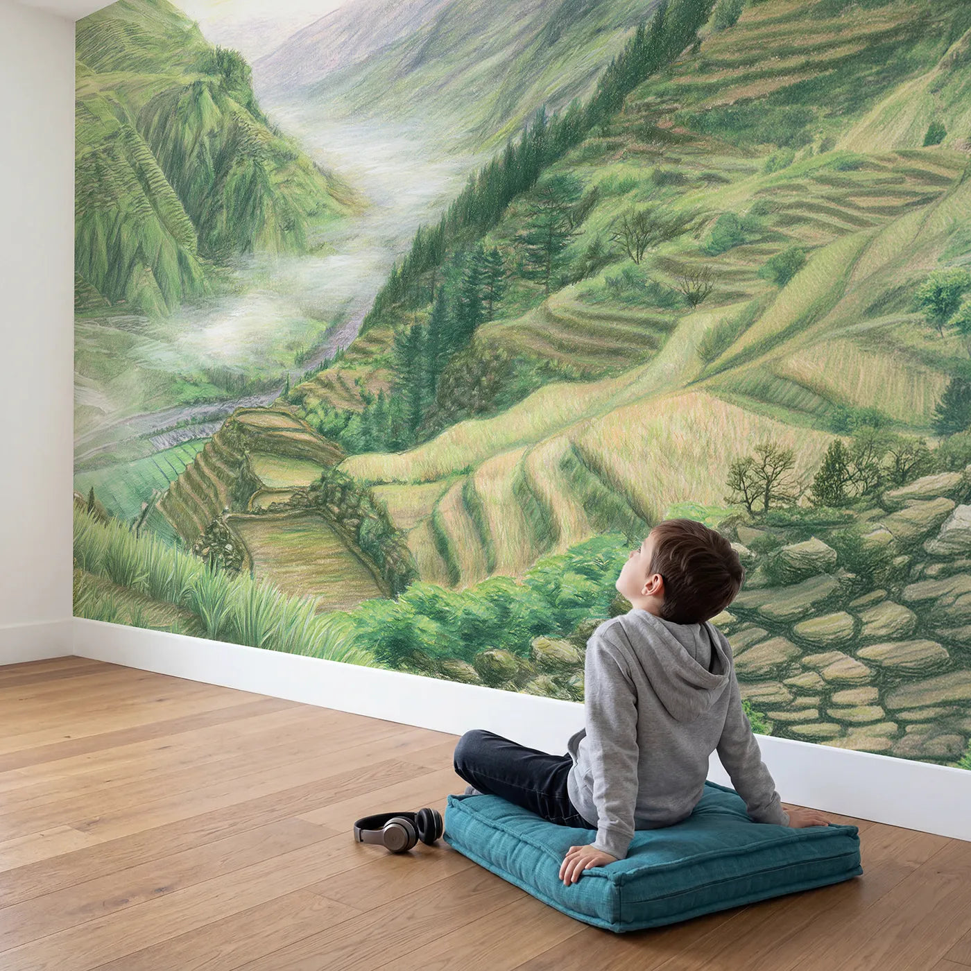 Child in nursery with Foggy Terraced Valley Wallpaper Mural by Whimsy Tots