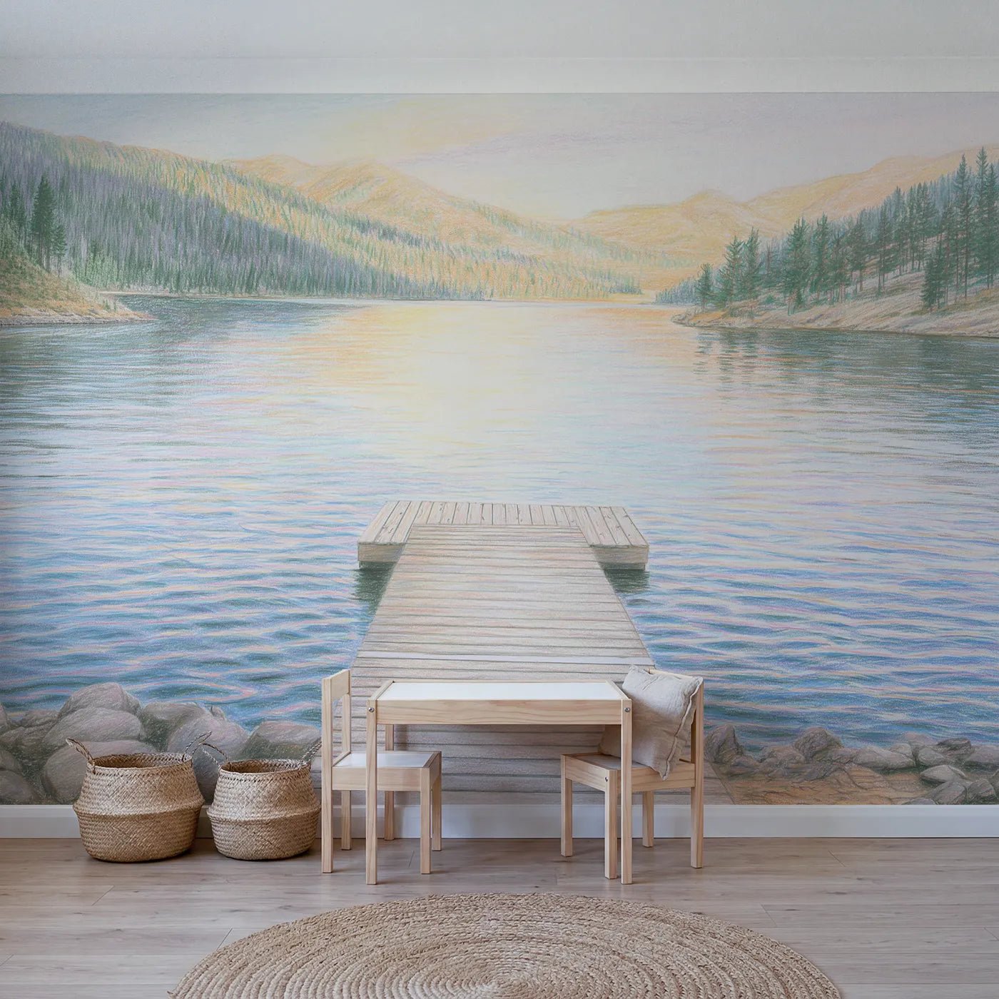 Colored-pencil wall mural of a quiet mountain lake dock by Whimsy Tots