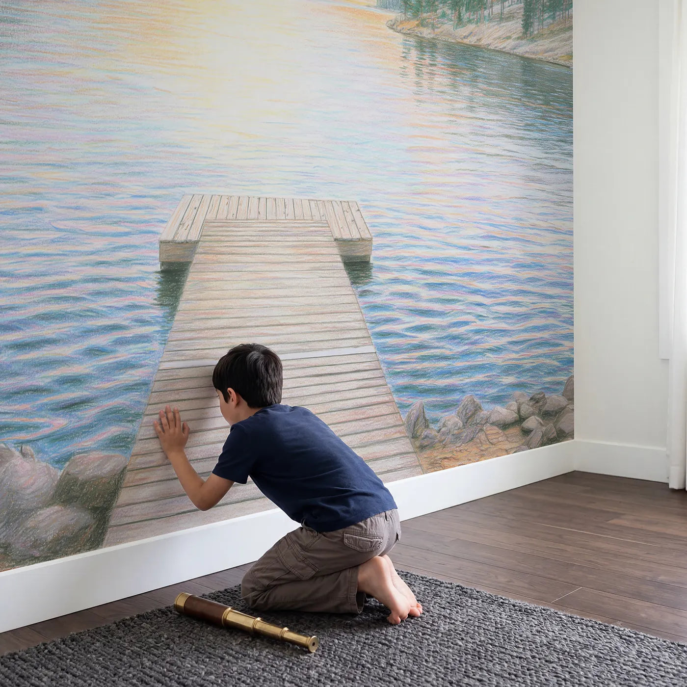 Child in nursery with Mountain Lake Dock Wallpaper Mural by Whimsy Tots
