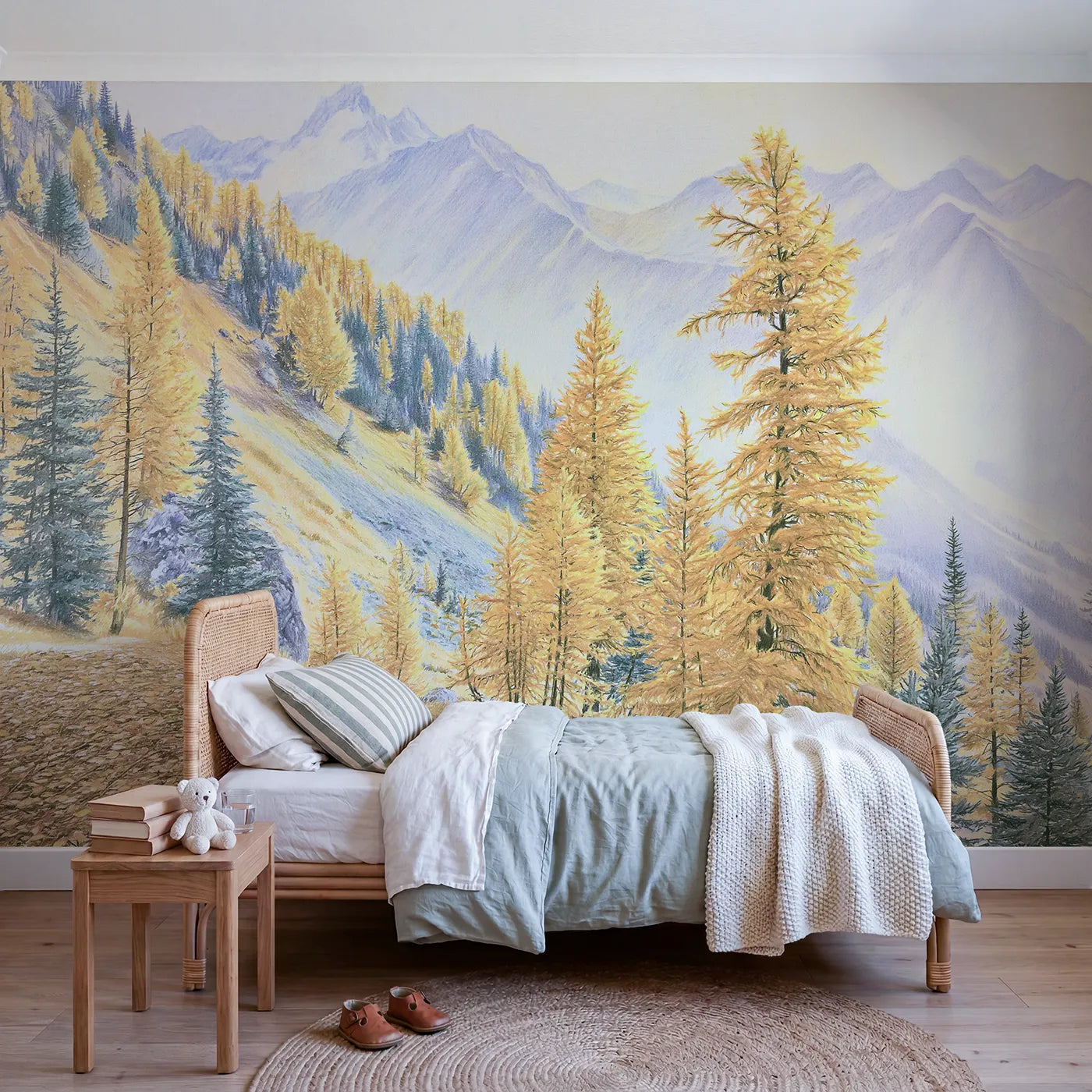 Colored-pencil wall mural of golden autumn larch slopes by Whimsy Tots