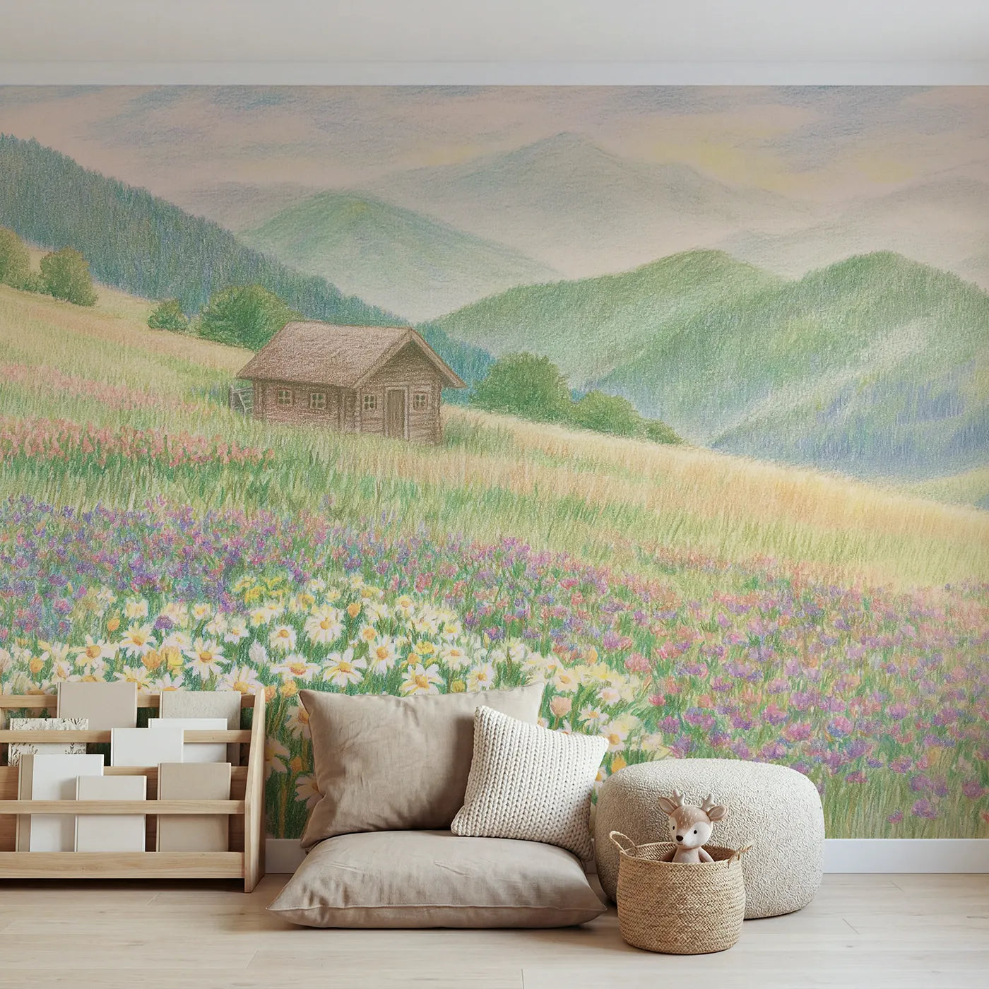 Colored-pencil wall mural of a cabin in a mountain meadow by Whimsy Tots
