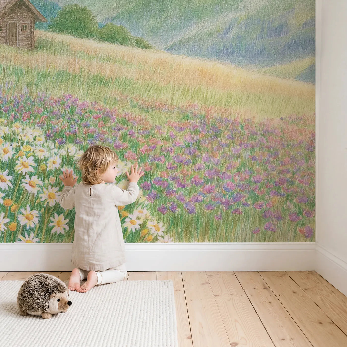 Child in nursery with Cabin in the Meadow Wallpaper Mural by Whimsy Tots