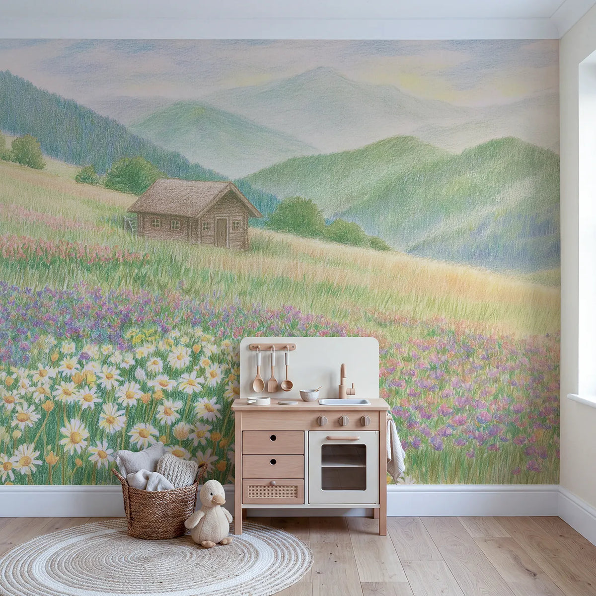 Cabin in the Meadow Wallpaper Mural in playroom setting by Whimsy Tots