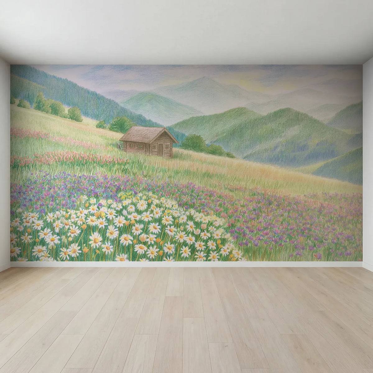 Full view of Cabin in the Meadow Wallpaper Mural by Whimsy Tots
