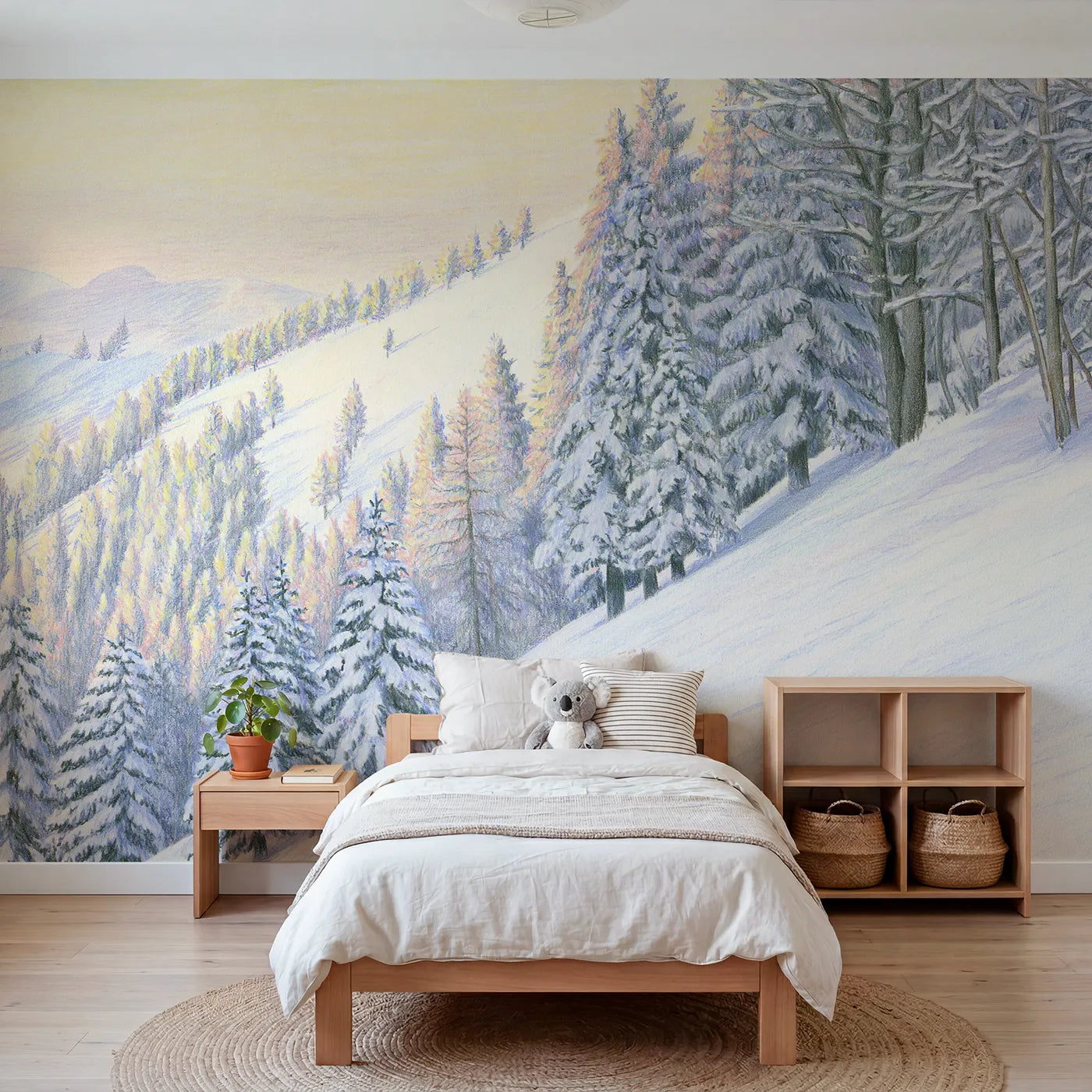 Colored-pencil wall mural of a snowy fir slope by Whimsy Tots